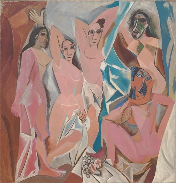 Click numbered symbols to learn about their meaning Les Demoiselles d'Avignon by Pablo Picasso (1907) featuring Masklike faces, Fruit still life, Razor-edged drapery/curtain, Confrontational gaze/frontality
