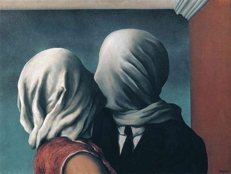 Click numbered symbols to learn about their meaning The Lovers by Rene Magritte (1928) featuring White cloth veils/shrouds, The obstructed kiss (pressed heads), Red dress and bare arm, Black suit and tight tie