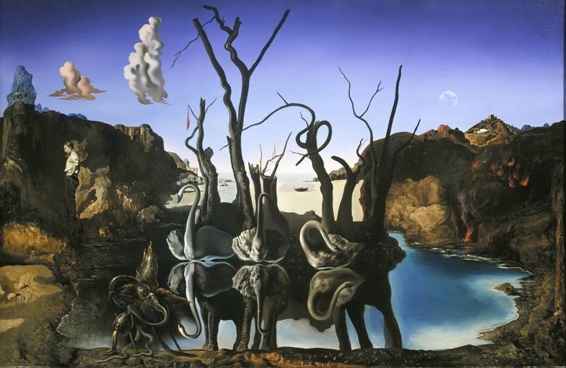Click numbered symbols to learn about their meaning Swans Reflecting Elephants by Salvador Dali (1937) featuring Swans, Elephants (reflected), Barren trees, Mirror-like lake