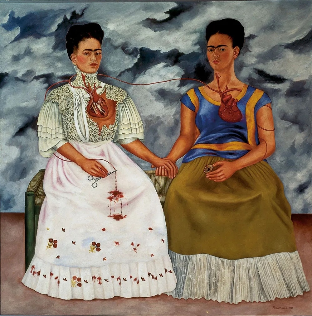 Click numbered symbols to learn about their meaning The Two Fridas by Frida Kahlo (1939) featuring Contrasting dresses (European and Tehuana), Exposed hearts, Shared artery, Hemostat (surgical clamp)