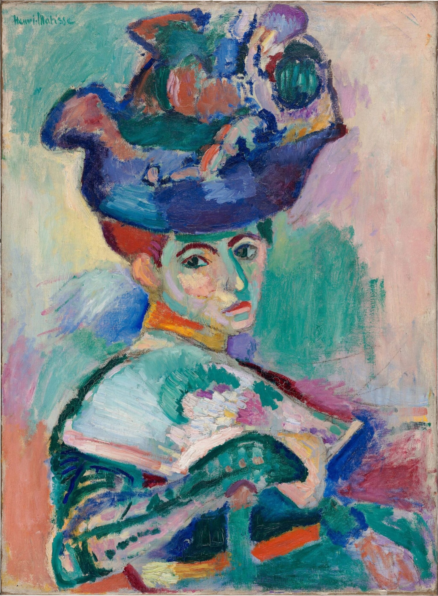 Click numbered symbols to learn about their meaning Woman with a Hat by Henri Matisse (1905) featuring Oversized plumed hat, Hand fan, Green facial wedge, Orange contour seam