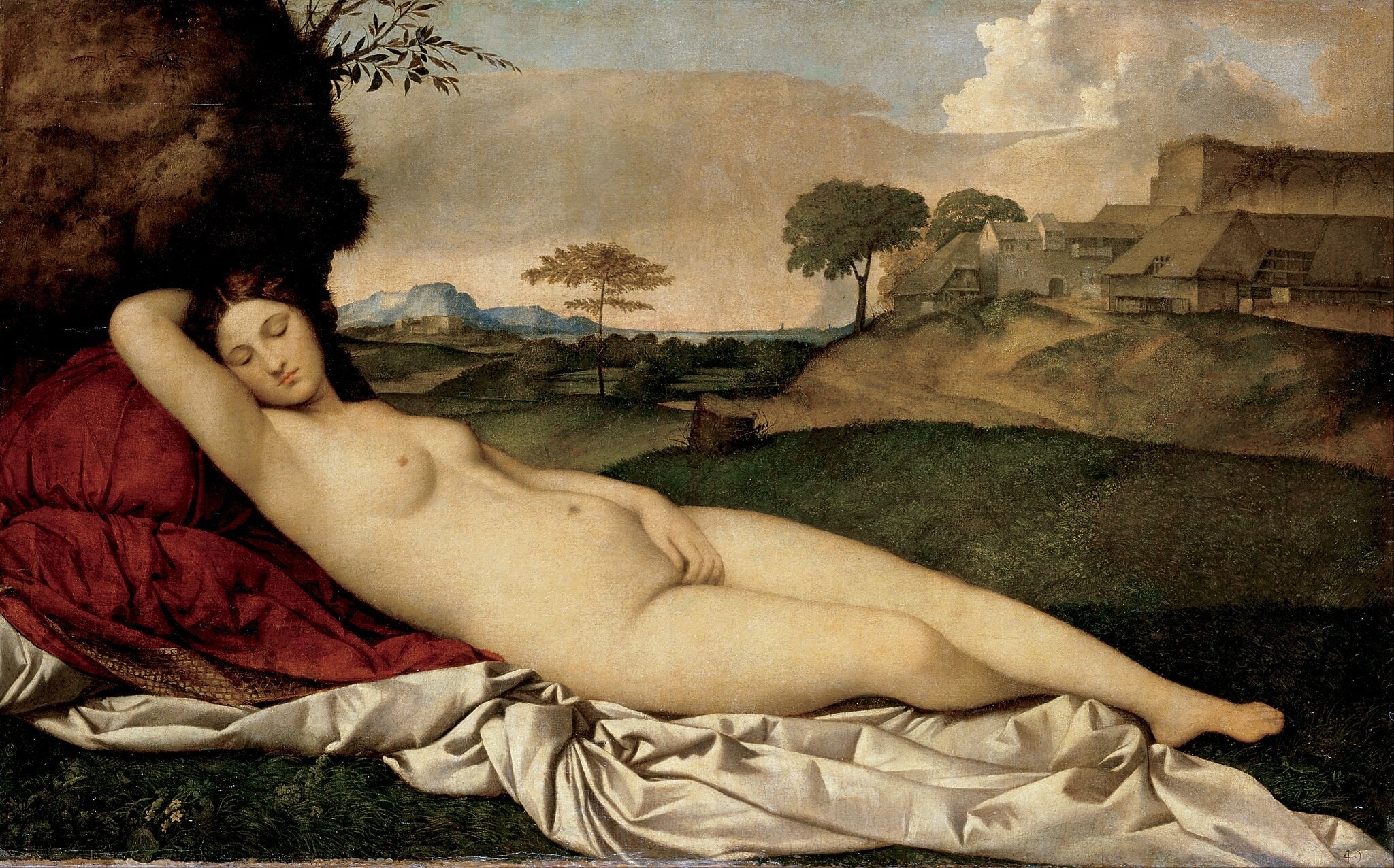 Click numbered symbols to learn about their meaning The Sleeping Venus by Giorgione (c. 1508–1510) featuring Deep red cushions, Silvery drapery, Curving landscape ridge echoing the body