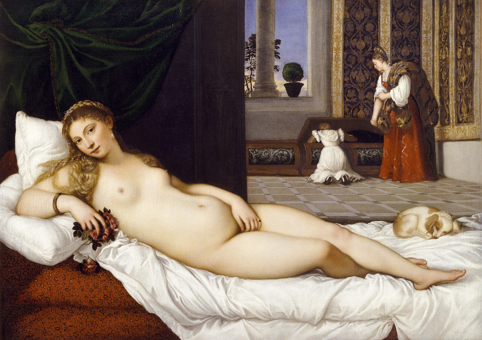 Click numbered symbols to learn about their meaning Venus of Urbino by Titian (1538) featuring Roses, Hand-at-mons gesture, Sleeping lapdog