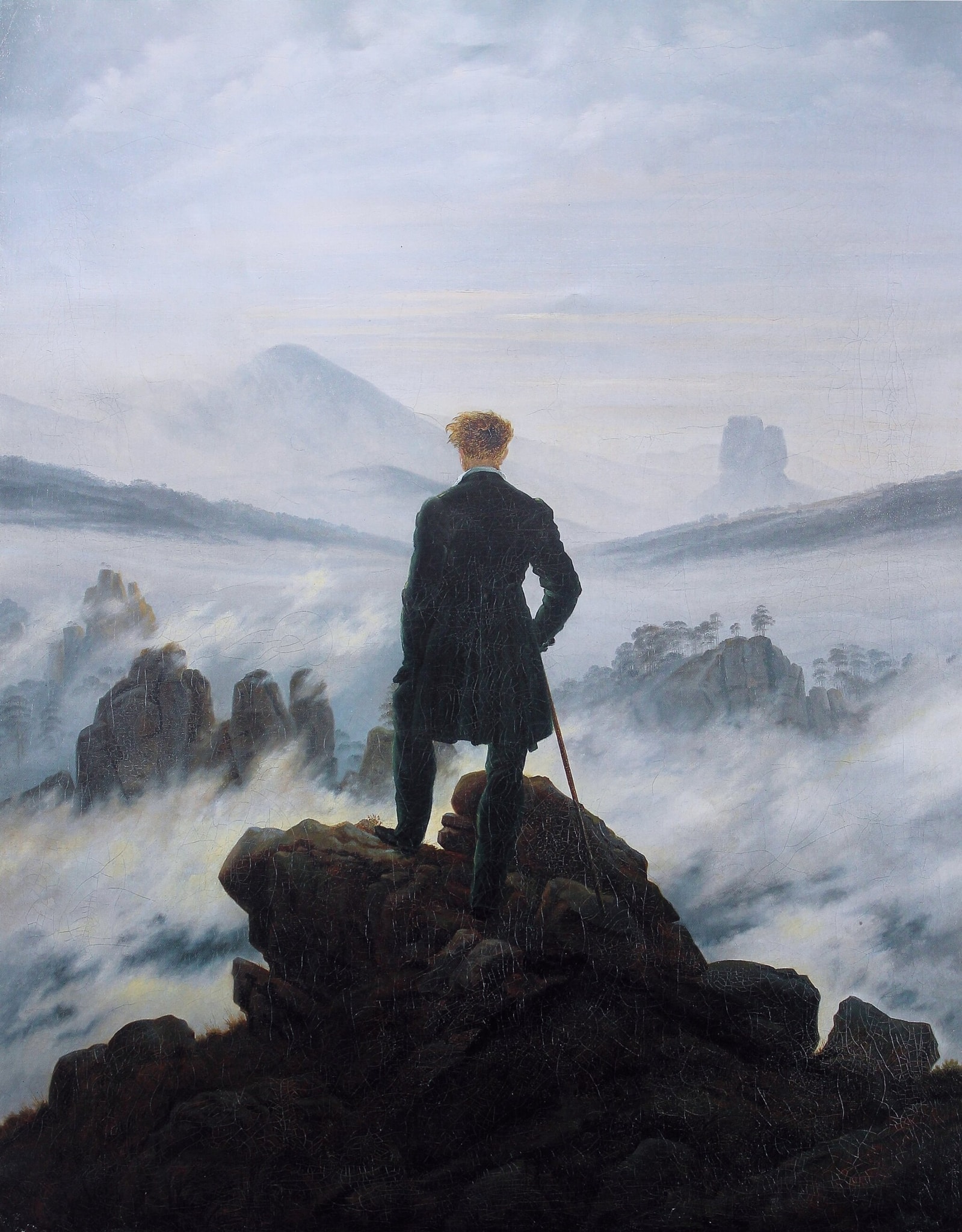 Click numbered symbols to learn about their meaning Wanderer above the Sea of Fog by Caspar David Friedrich (ca. 1817) featuring Rückenfigur (back-turned wanderer), Sea of fog, Triangular rock crag, Walking staff