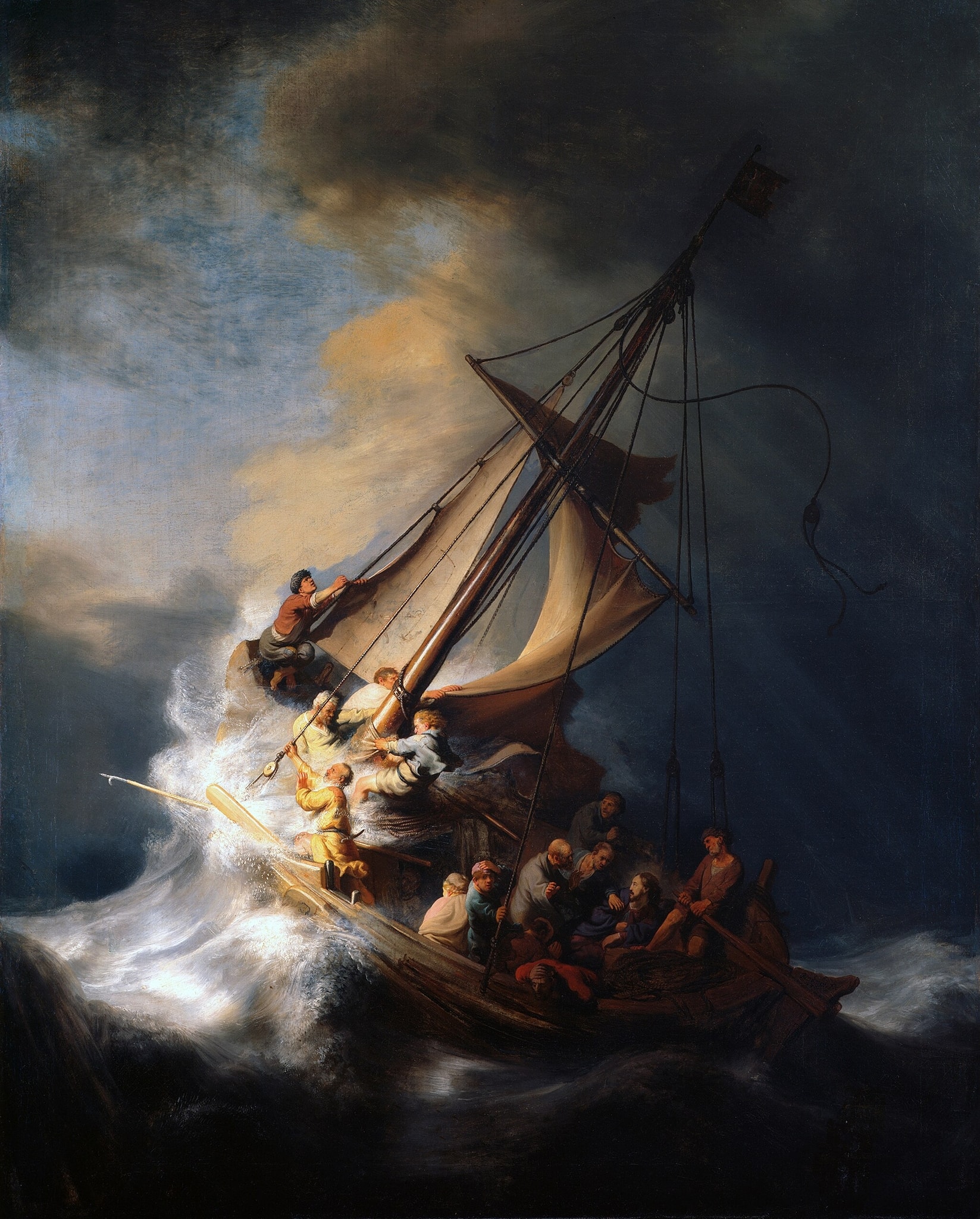 Click numbered symbols to learn about their meaning The Storm on the Sea of Galilee by Rembrandt van Rijn (1633) featuring Christ’s calm figure, Torn mainsail and frayed rigging, Raging wave at the bow, Helmsman straining at the rudder