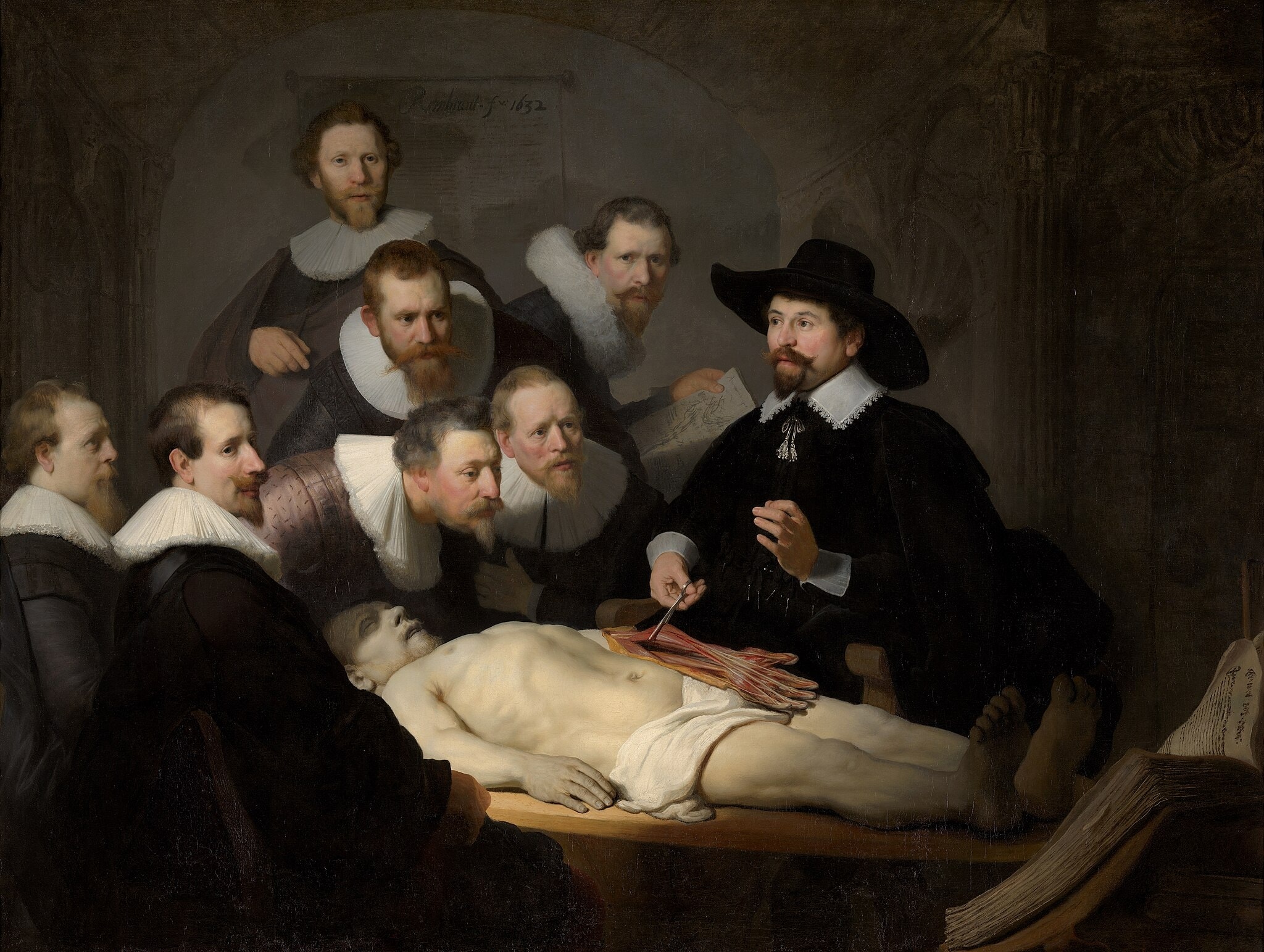 Click numbered symbols to learn about their meaning The Anatomy Lesson of Dr. Nicolaes Tulp by Rembrandt van Rijn (1632) featuring Cone of light, Open anatomy book, Dr. Tulp’s hands and forceps, Exposed forearm tendons/hand