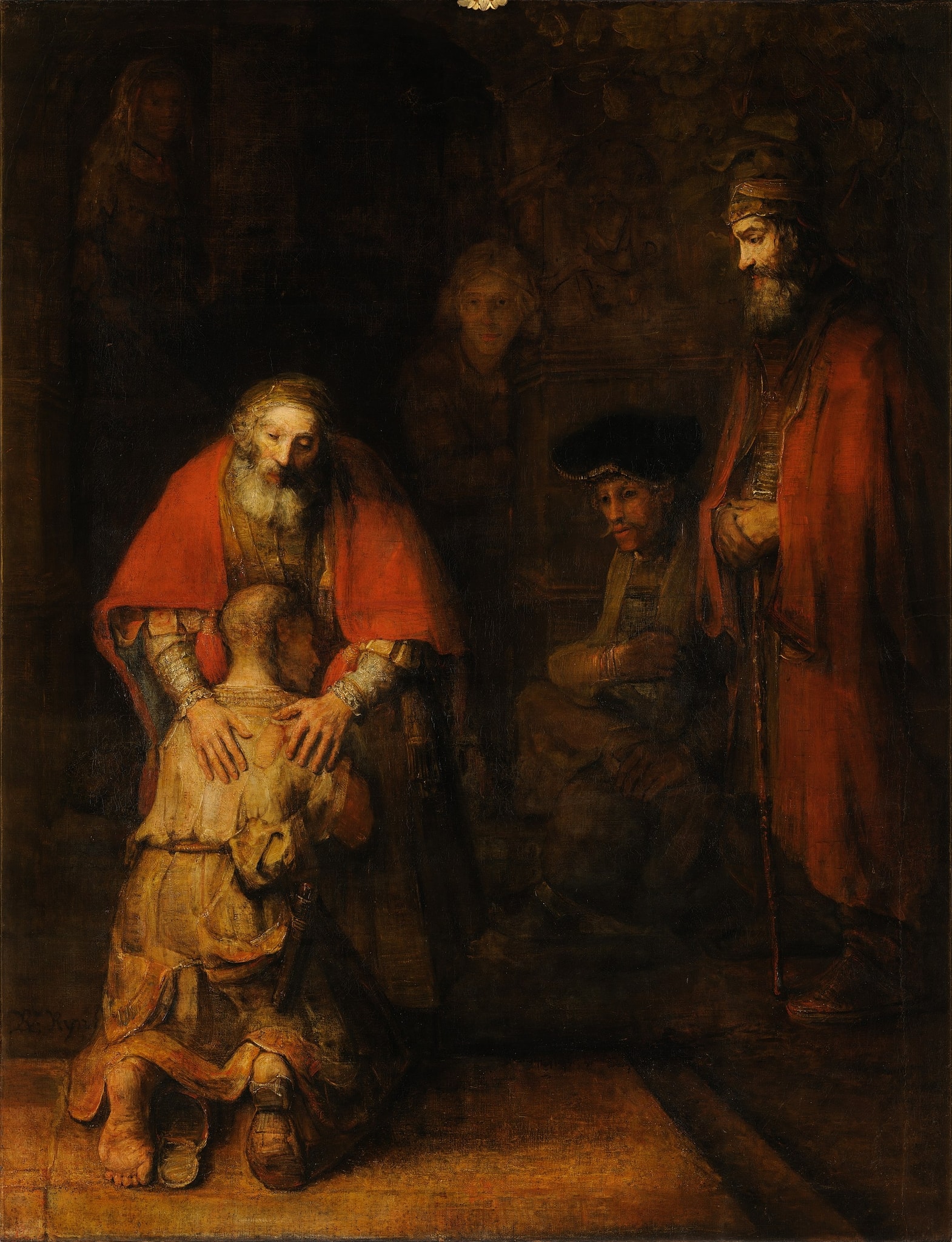 Click numbered symbols to learn about their meaning The Return of the Prodigal Son by Rembrandt van Rijn (c. 1661–1669 (probably completed by 1669)) featuring Father’s two distinct hands, Red mantle (father’s cloak), Ruined footwear and bare foot of the son, Shorn head pressed to the father