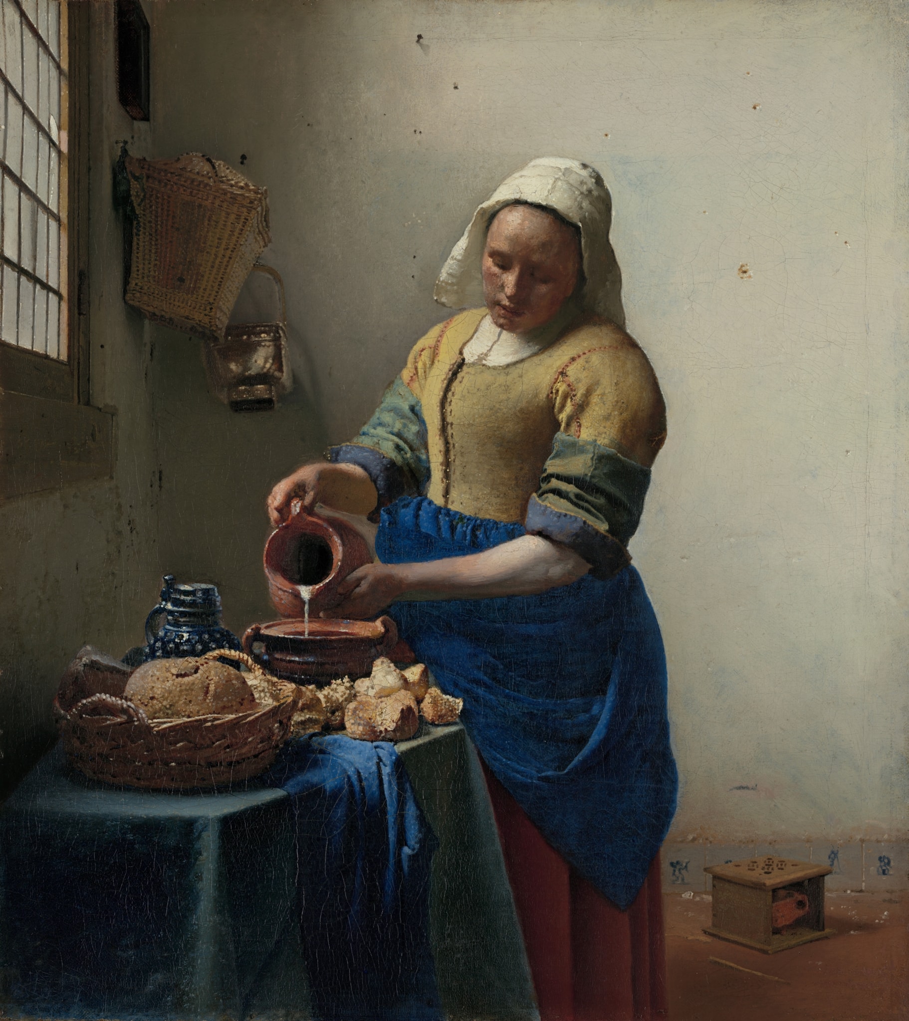 Click numbered symbols to learn about their meaning The Milkmaid by Johannes Vermeer (c. 1660) featuring Falling milk, Bread and crusts, Delft stoneware jug, Foot warmer (stoof)