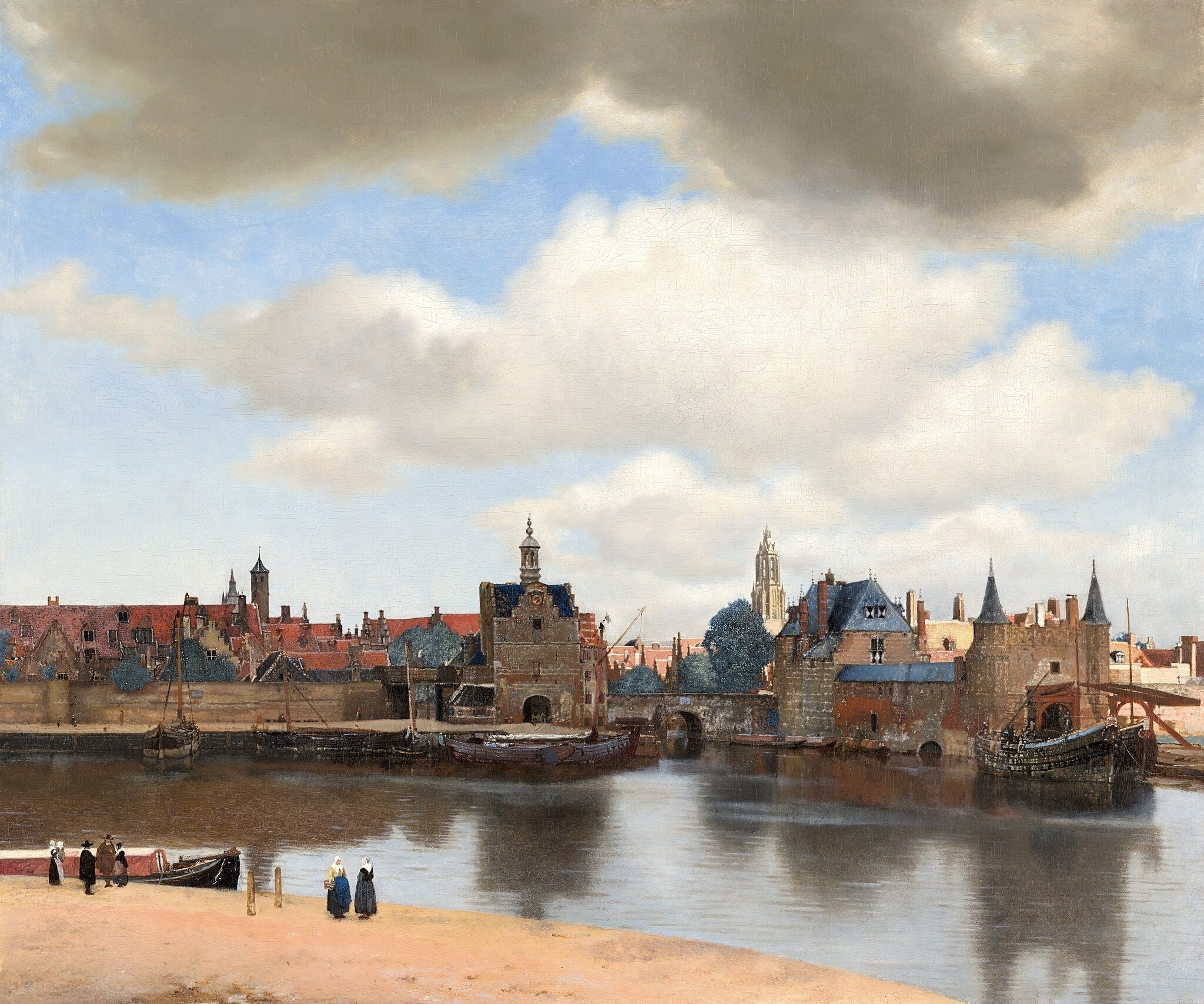 Click numbered symbols to learn about their meaning View of Delft by Johannes Vermeer (c. 1660–1661) featuring Nieuwe Kerk spire, Schiedam Gate with cupola, Rotterdam Gate and drawbridge, Moored boats and trekschuit