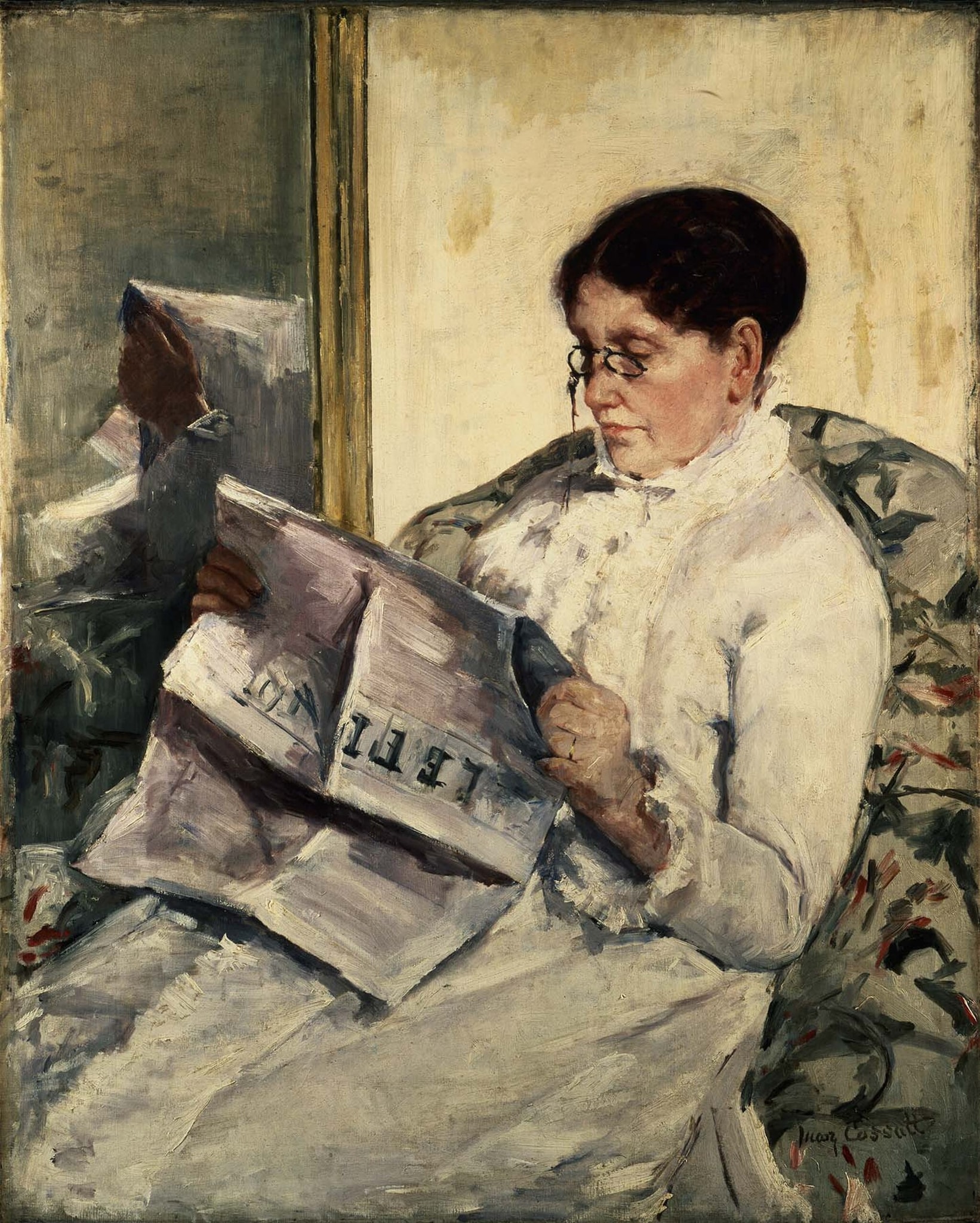 Click numbered symbols to learn about their meaning Reading Le Figaro by Mary Cassatt (c. 1878–83)