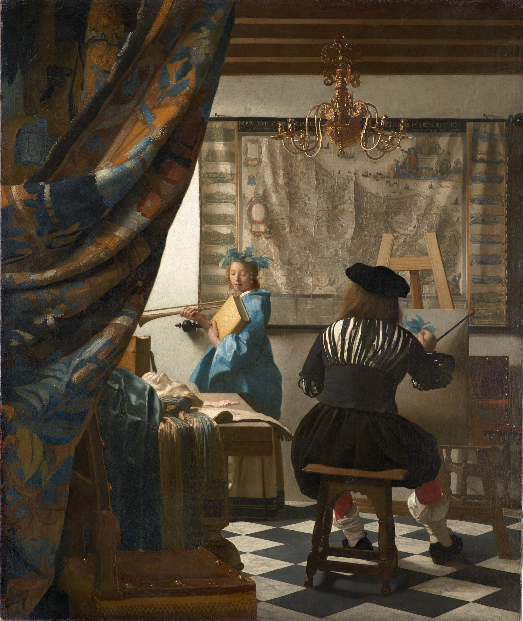 Click numbered symbols to learn about their meaning The Art of Painting by Johannes Vermeer (c. 1666–1668) featuring Parted tapestry curtain, Map of the Seventeen Provinces, Double‑headed eagle chandelier