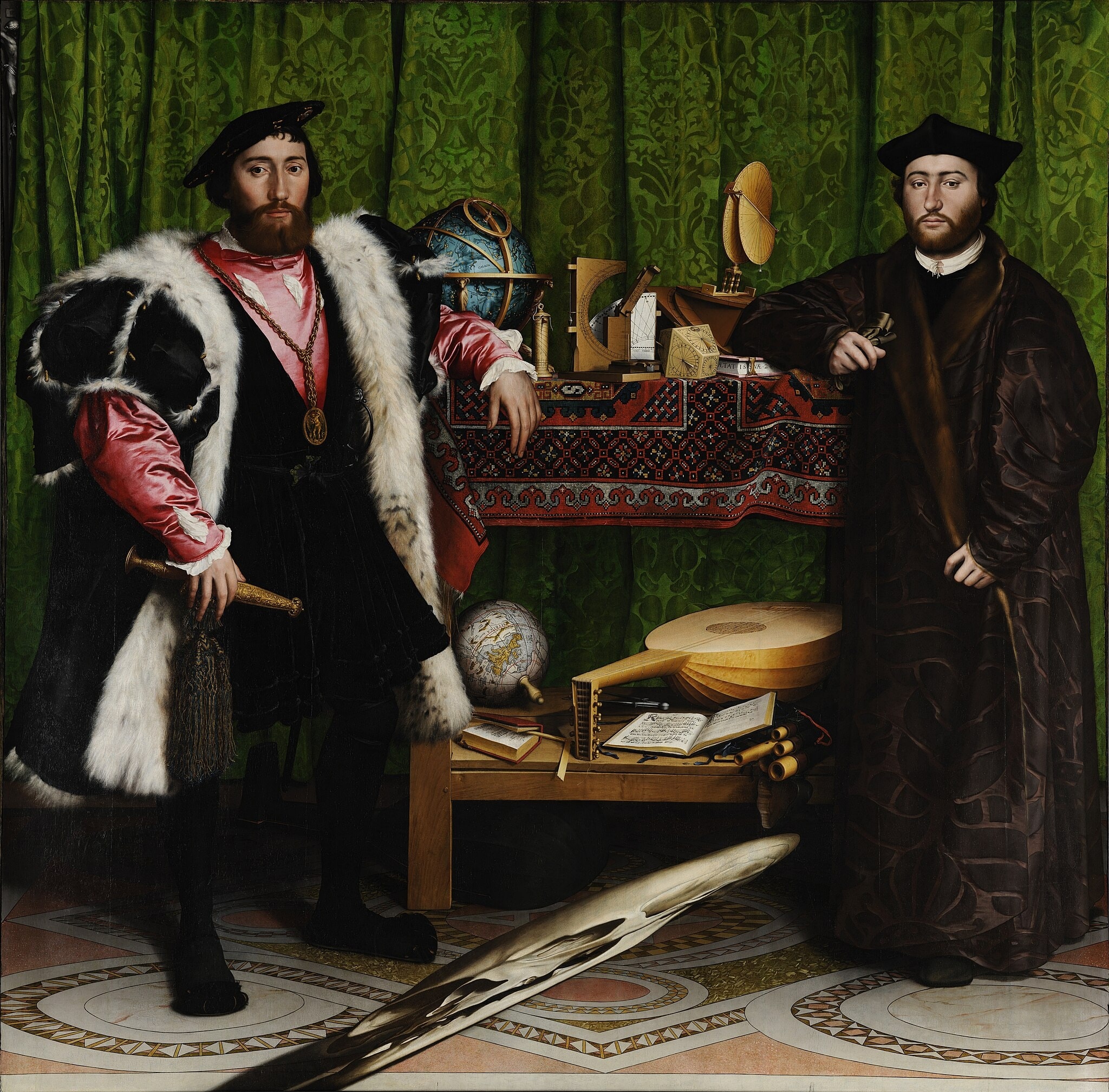 Click numbered symbols to learn about their meaning The Ambassadors by Hans Holbein the Younger (1533) featuring Anamorphic skull, Crucifix, Terrestrial globe
