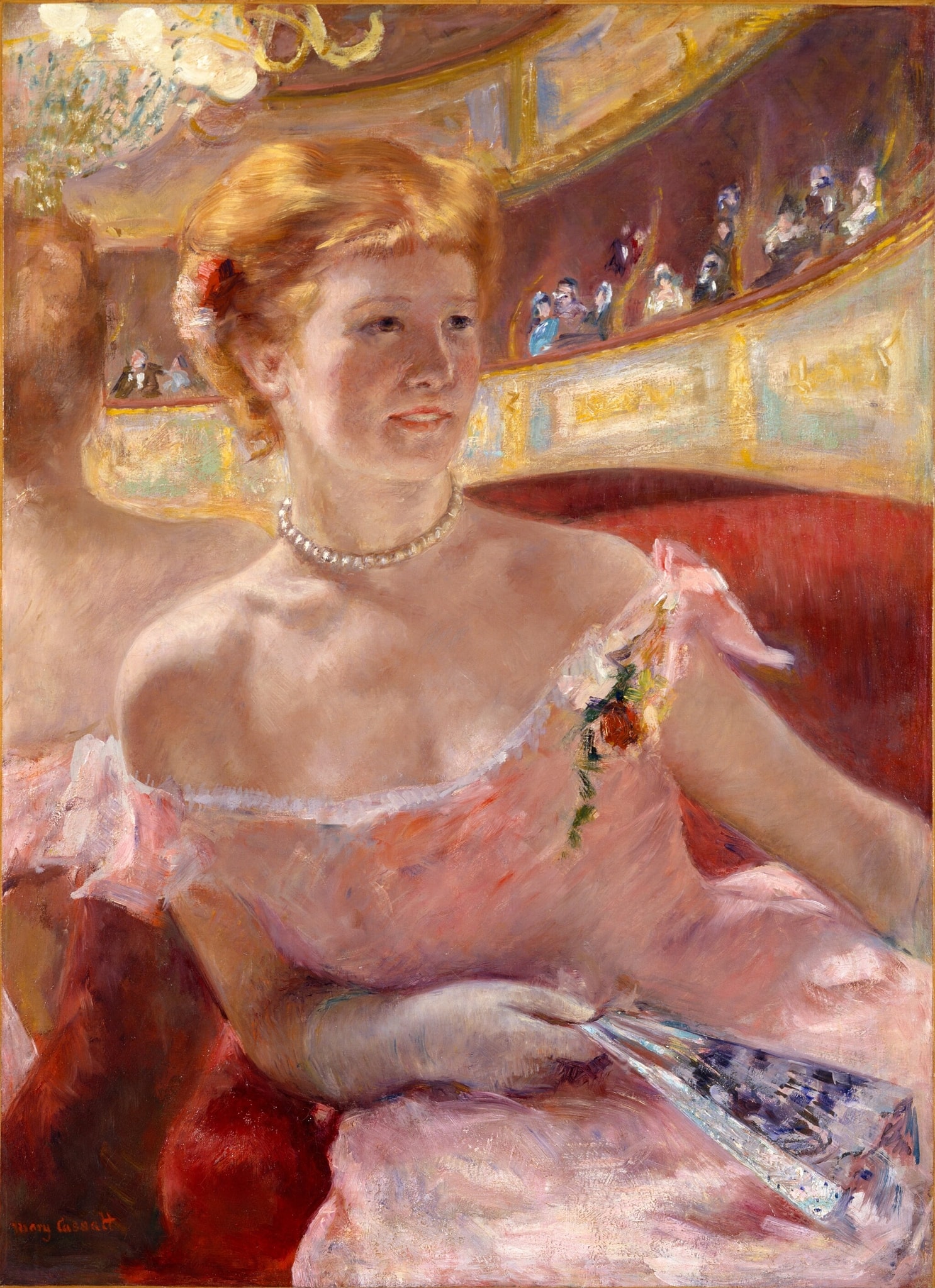 Click numbered symbols to learn about their meaning Woman with a Pearl Necklace in a Loge by Mary Cassatt (1879)