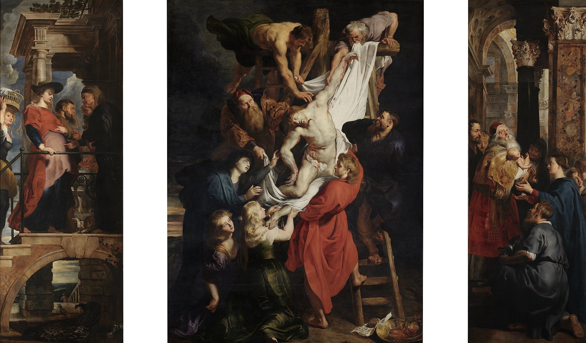 Click numbered symbols to learn about their meaning The Descent from the Cross by Peter Paul Rubens (1611–1614) featuring White shroud (linen), Cross and ladder, Crown of thorns and nails (Arma Christi), INRI tablet