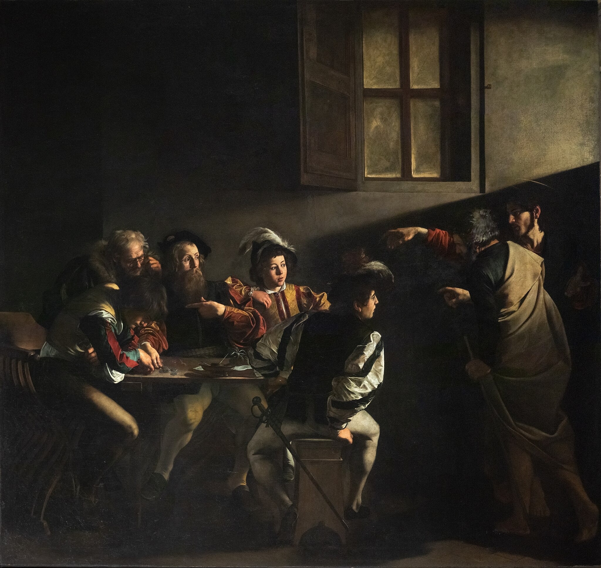Click numbered symbols to learn about their meaning The Calling of Saint Matthew by Caravaggio (1599–1600) featuring Diagonal beam of light, Christ’s extended hand (Creation echo), Closed window with cross muntins, Coins and ledger on the table