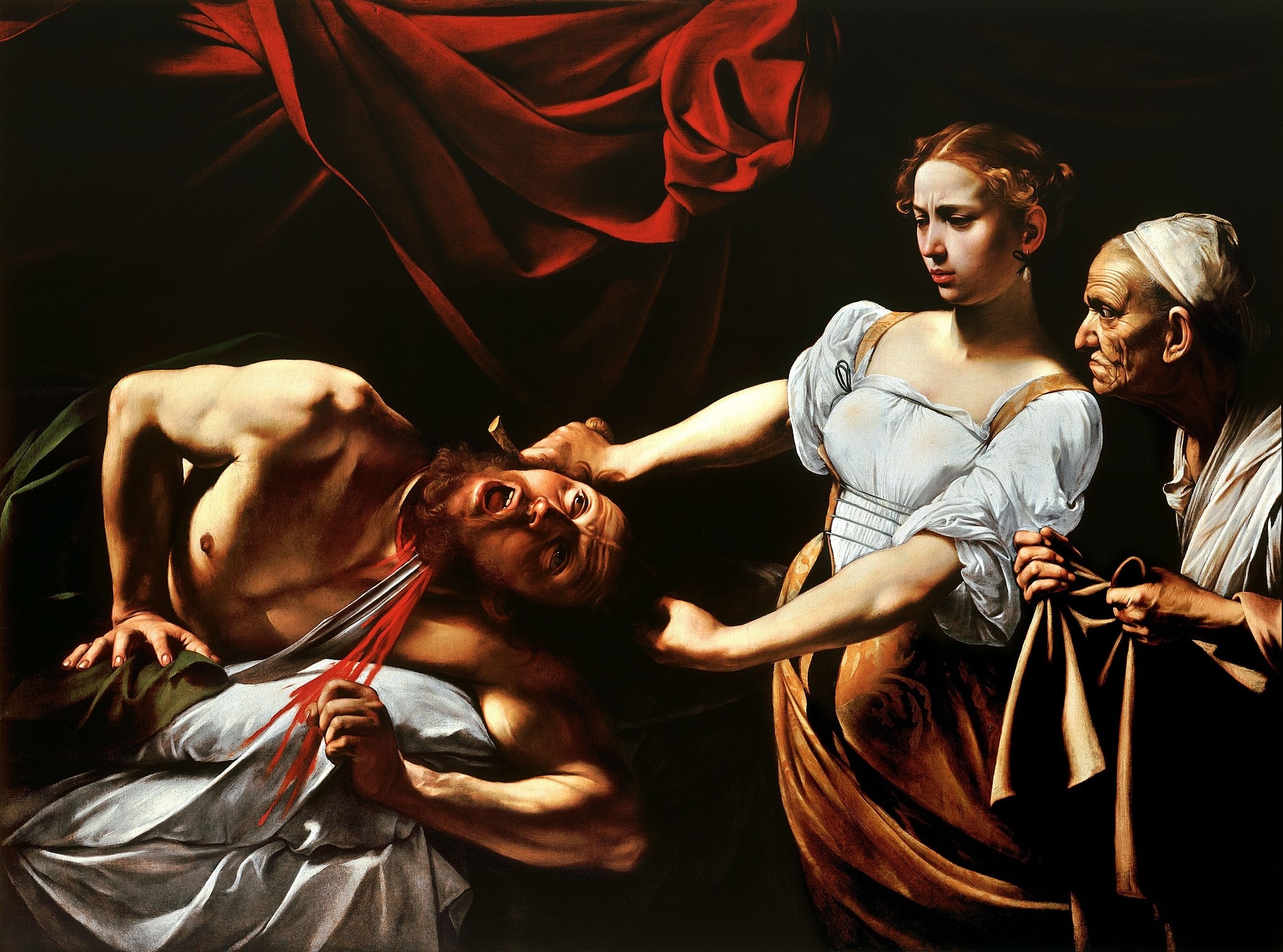 Click numbered symbols to learn about their meaning Judith Beheading Holofernes by Caravaggio (1599) featuring Red curtain (crimson drape), Raking light/tenebrism, Judith’s white garments, Sword