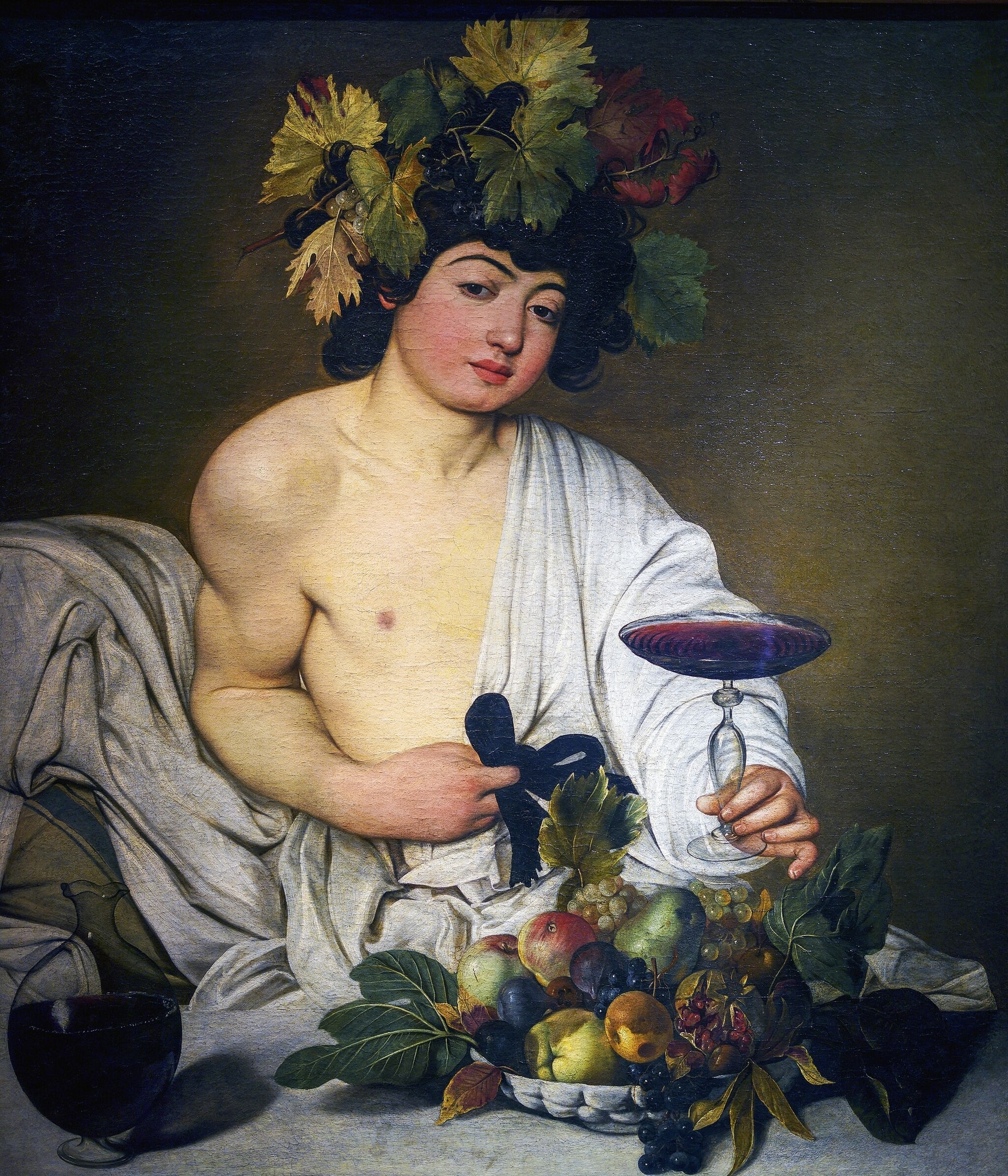 Click numbered symbols to learn about their meaning Bacchus by Caravaggio (c. 1598) featuring Tilted wine goblet, Vine-leaf crown, Blemished fruit and wilting leaves, Split pomegranate