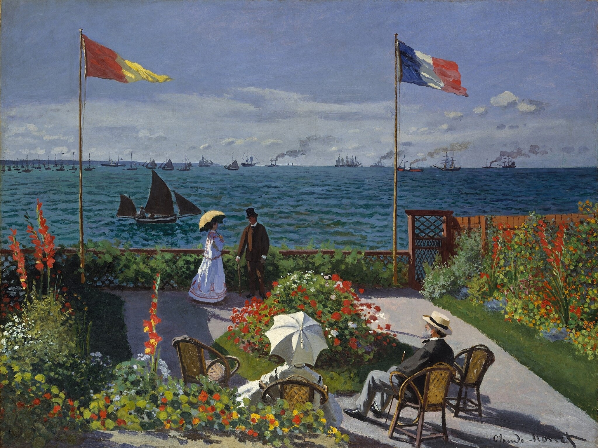 Click numbered symbols to learn about their meaning Garden at Sainte-Adresse by Claude Monet (1867) featuring French tricolor flag, Red–yellow regatta/signal pennant, Steamships with smokestacks