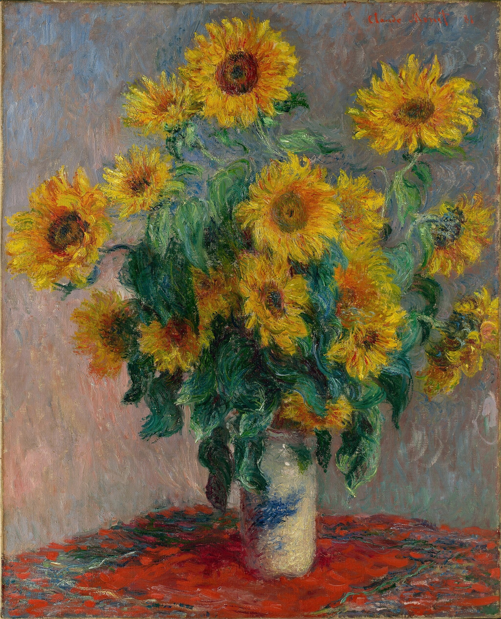 Click numbered symbols to learn about their meaning Bouquet of Sunflowers by Claude Monet (1881) featuring Sunflower heads, Red table covering, Cool lilac-gray background, Pale ceramic (Japanese) vase