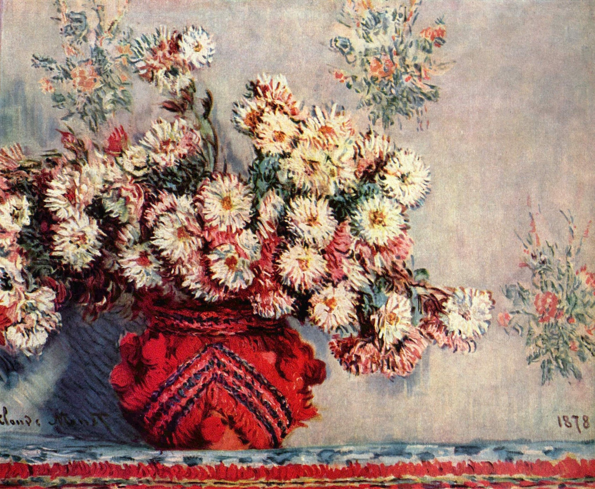 Click numbered symbols to learn about their meaning Chrysanthemums by Claude Monet (1878) featuring Chrysanthemum blooms, Scarlet plush vase, Echoing wall sprigs, Blue‑gray wall ground