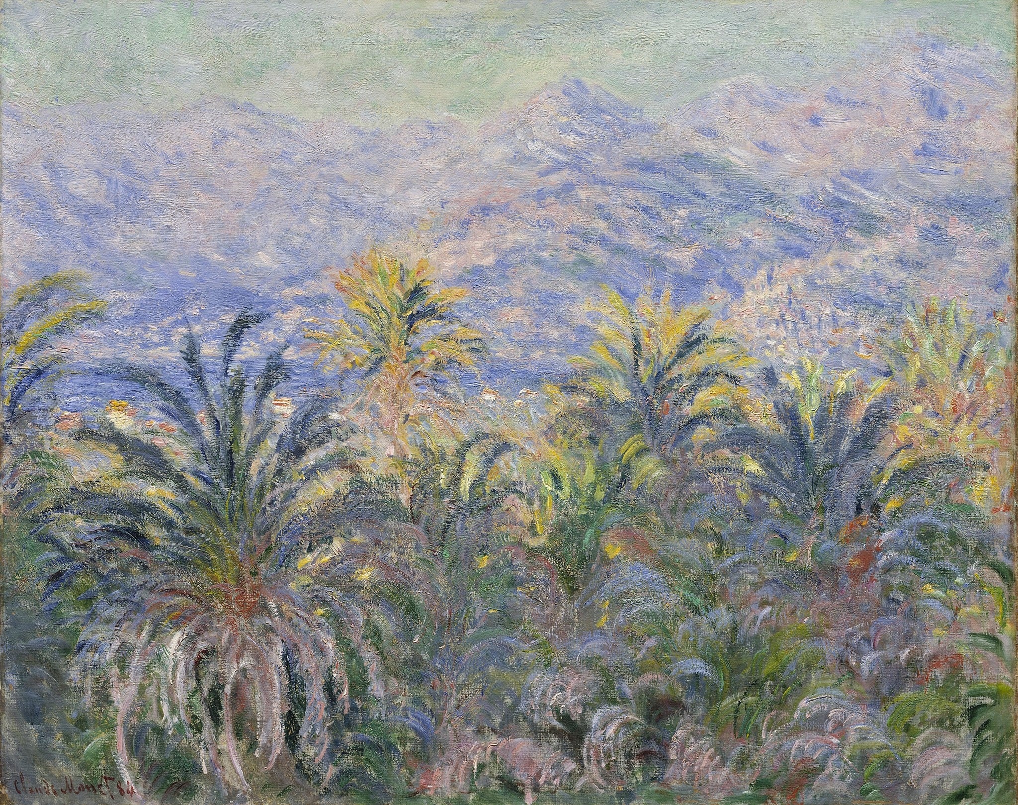 Click numbered symbols to learn about their meaning Palm Trees at Bordighera by Claude Monet (1884) featuring Palm fronds (foreground screen), Cobalt sea band, Violet-blue Alps, Curved, rhythmic brushstrokes