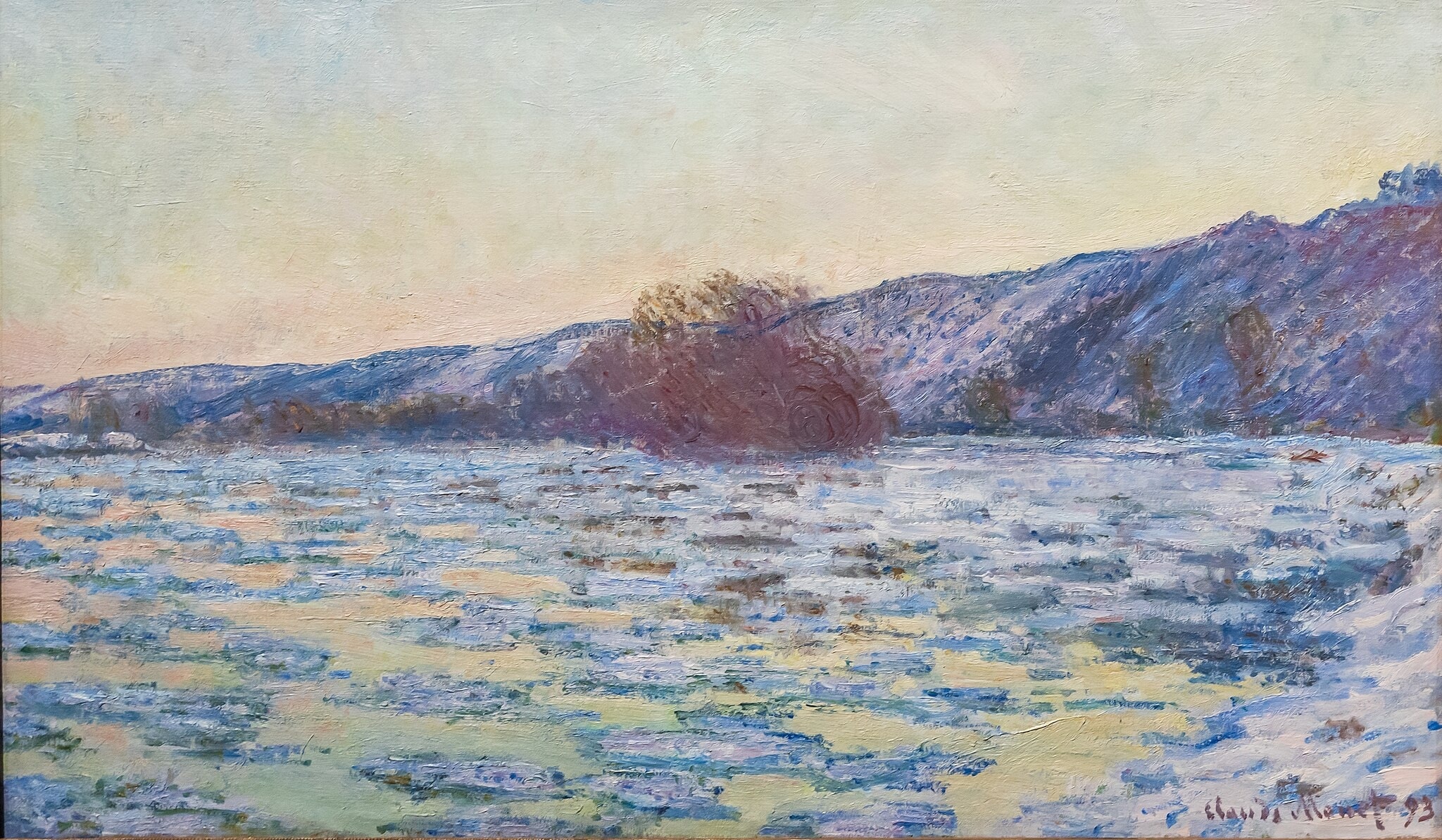 Click numbered symbols to learn about their meaning Ice Floes by Claude Monet (1893) featuring Broken ice floes, High horizon / compressed ridge, Russet clump of trees