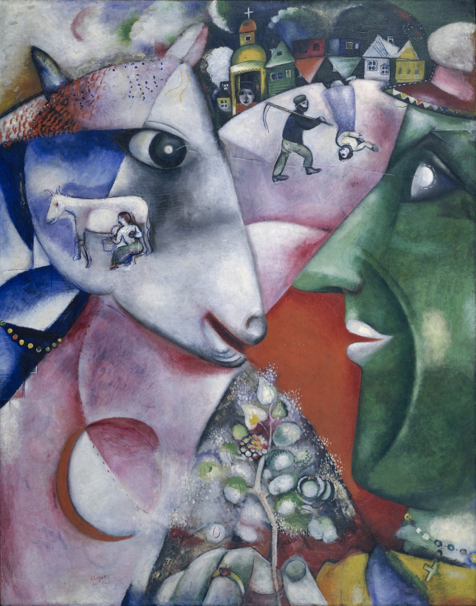 Click numbered symbols to learn about their meaning I and the Village by Marc Chagall (1911) featuring Reciprocal gaze (eye-to-eye line), Cow with milking vignette, Fruit-bearing sprig (tree-of-life), Crescent moon