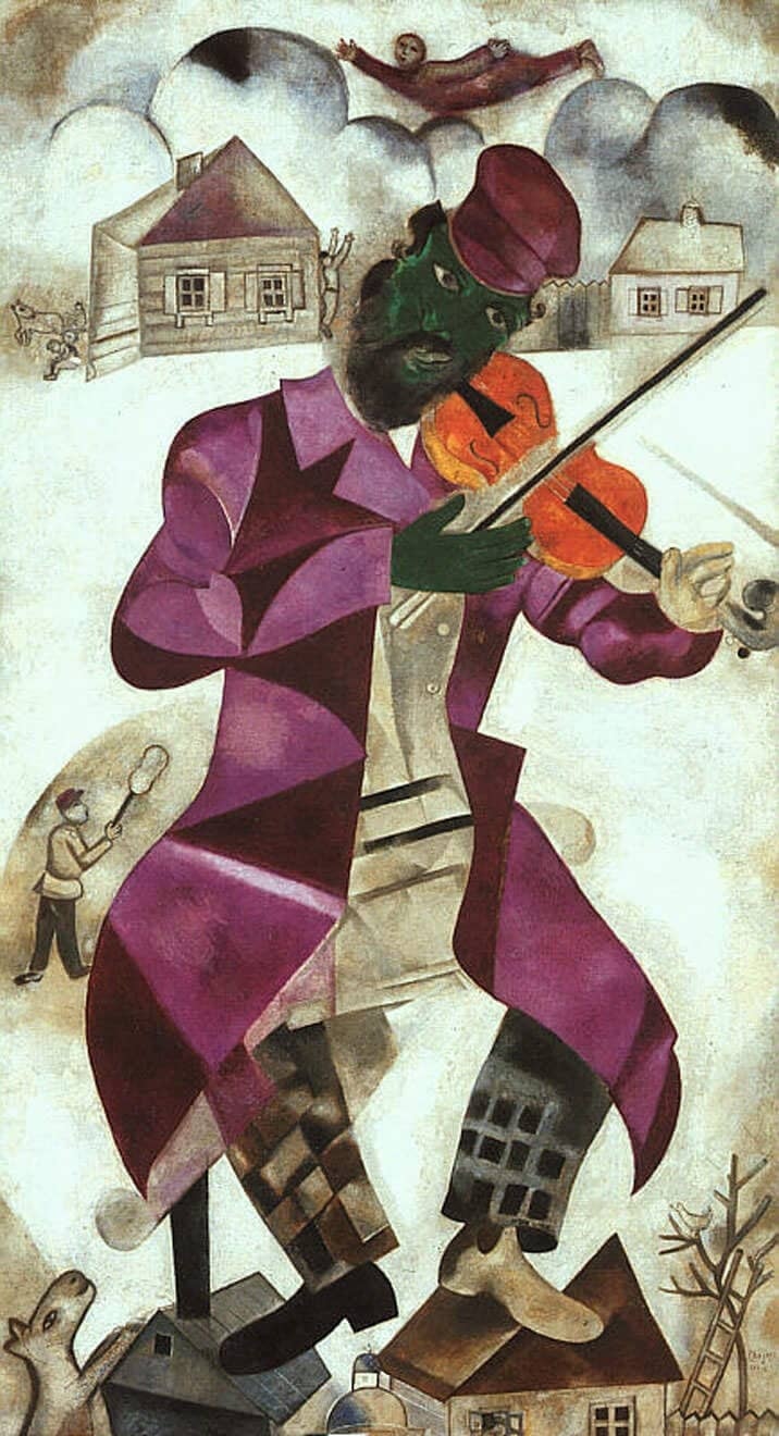 Click numbered symbols to learn about their meaning The Green Violinist by Marc Chagall (1923–1924) featuring Green face, Violin and bow, Patchwork garments (purple coat and checked trousers), Rooftops and houses of the shtetl