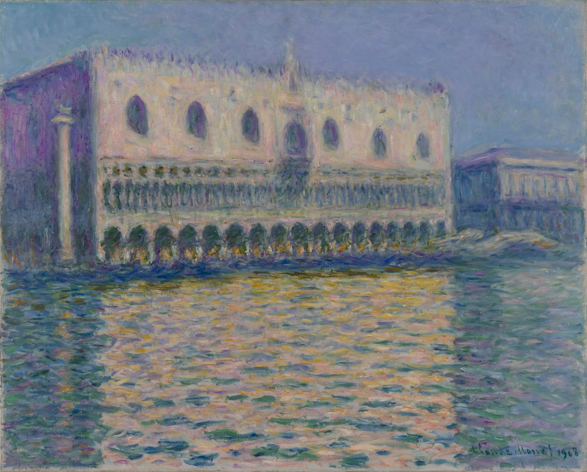 Click numbered symbols to learn about their meaning The Palazzo Ducale (The Doge’s Palace) by Claude Monet (1908) featuring Broken water reflection, Pointed Gothic windows, Lower arcade rhythm, Solitary Piazzetta column
