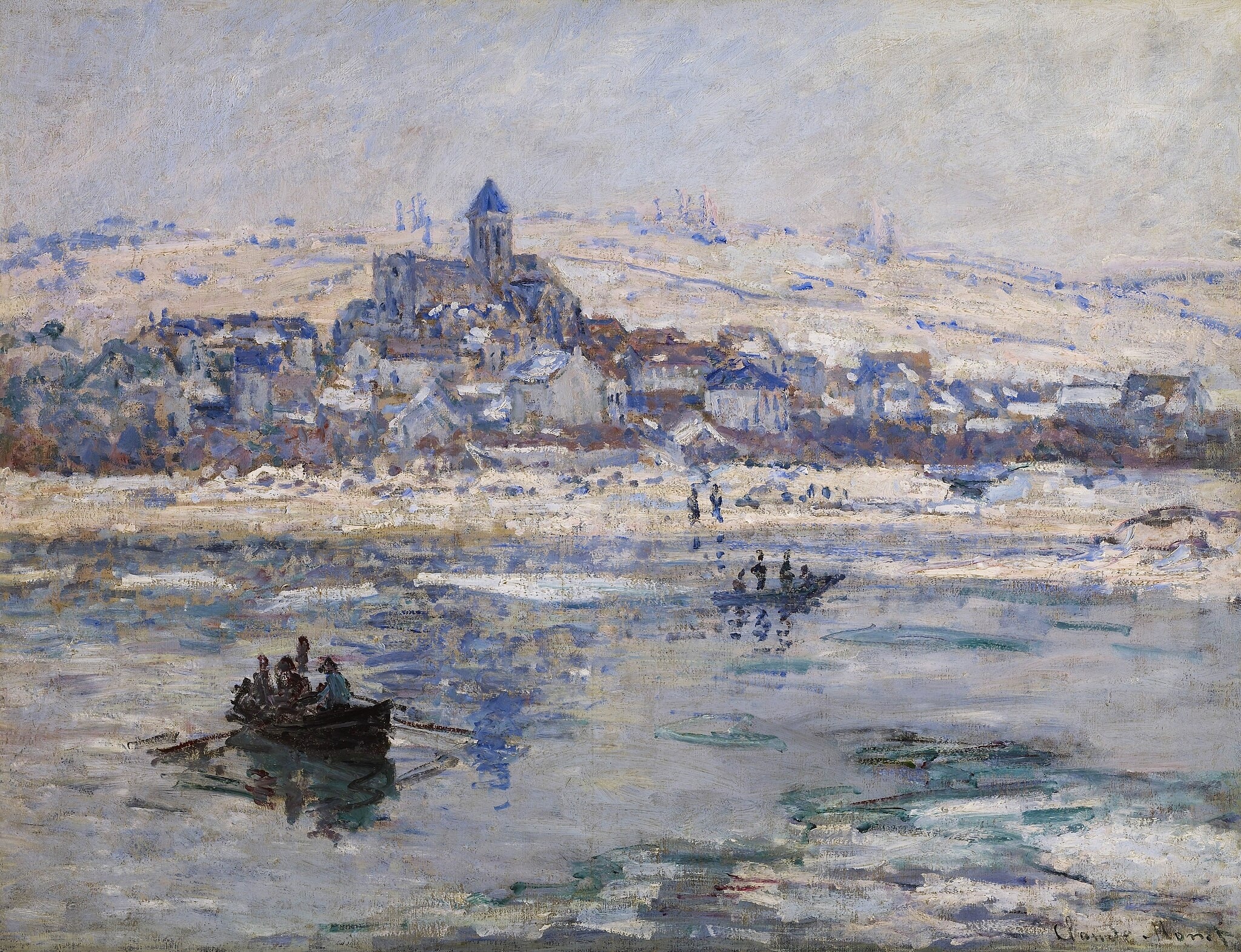 Click numbered symbols to learn about their meaning Vétheuil in Winter by Claude Monet (1878–79) featuring Church tower, Boats with rowers, Broken ice floes, Partial river reflections