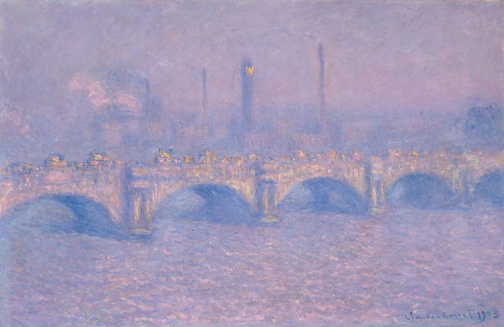 Click numbered symbols to learn about their meaning Waterloo Bridge, Veiled Sun by Claude Monet (1903) featuring Waterloo Bridge arches, Veiled Sun, Industrial Smokestacks, Fog/Haze (Atmosphere)