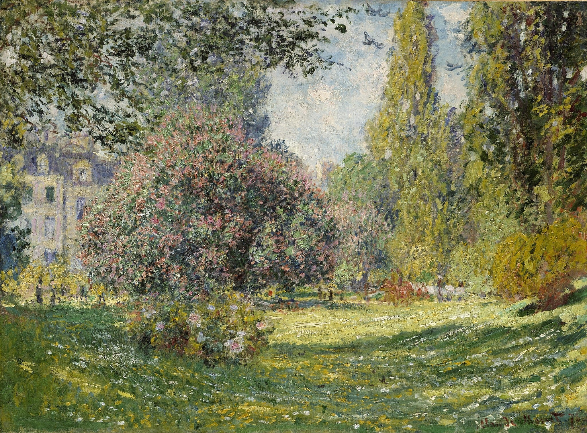 Click numbered symbols to learn about their meaning Landscape: The Parc Monceau by Claude Monet (1876) featuring Blooming shrub, Diagonal sunlit lawn, Overhead canopy, Townhouse façade