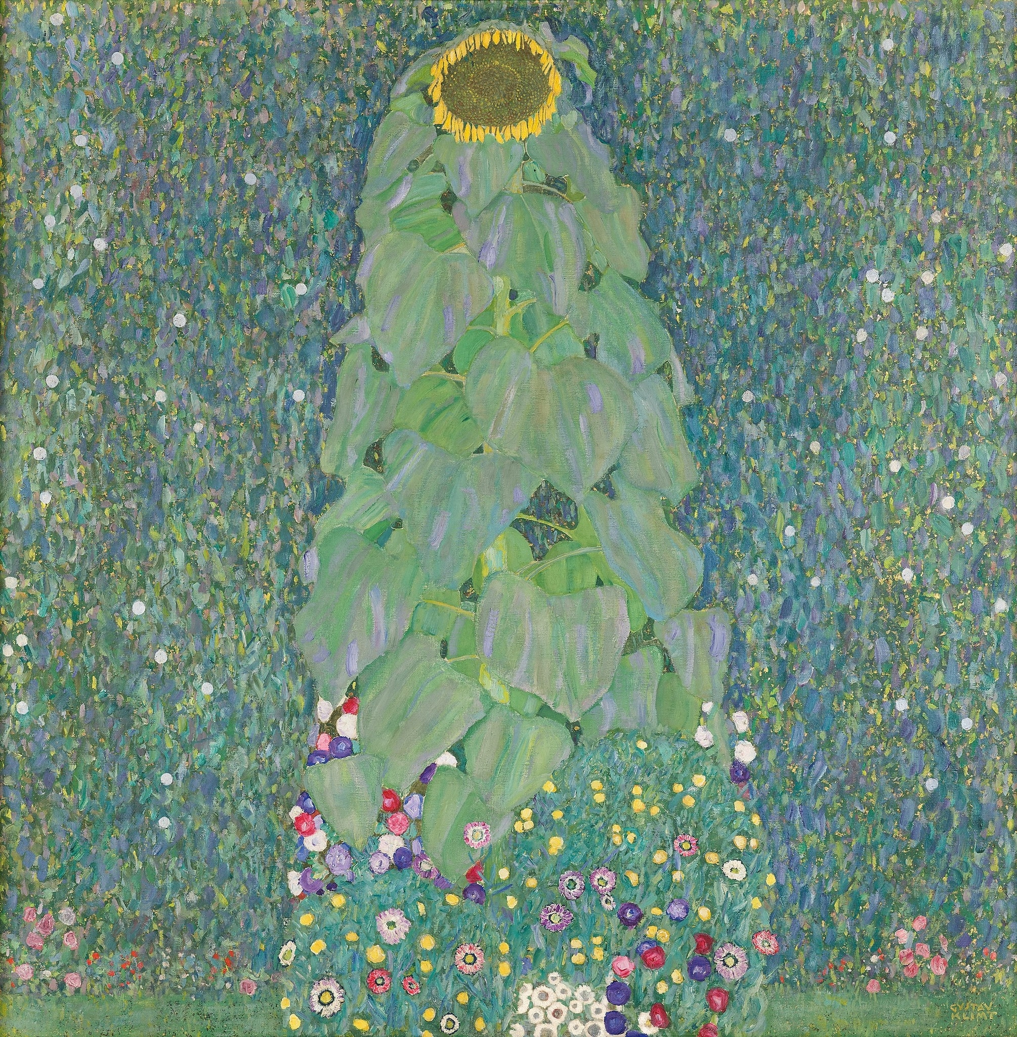 Click numbered symbols to learn about their meaning Sunflower by Gustav Klimt (1907/1908) featuring Gold-flecked sunflower head (nimbus/solar disc), Tapering mantle of drooping leaves, Central vertical column/stem, Mosaic carpet of round meadow blossoms