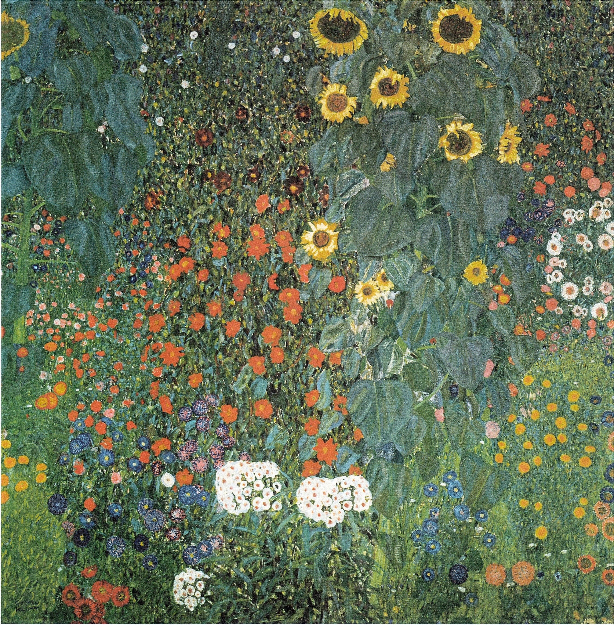 Click numbered symbols to learn about their meaning Cottage Garden with Sunflowers by Gustav Klimt (1906–1907 (signed 1907)) featuring Sunflower column (solar axis), Red poppy swaths, White daisies, Violet/blue asters