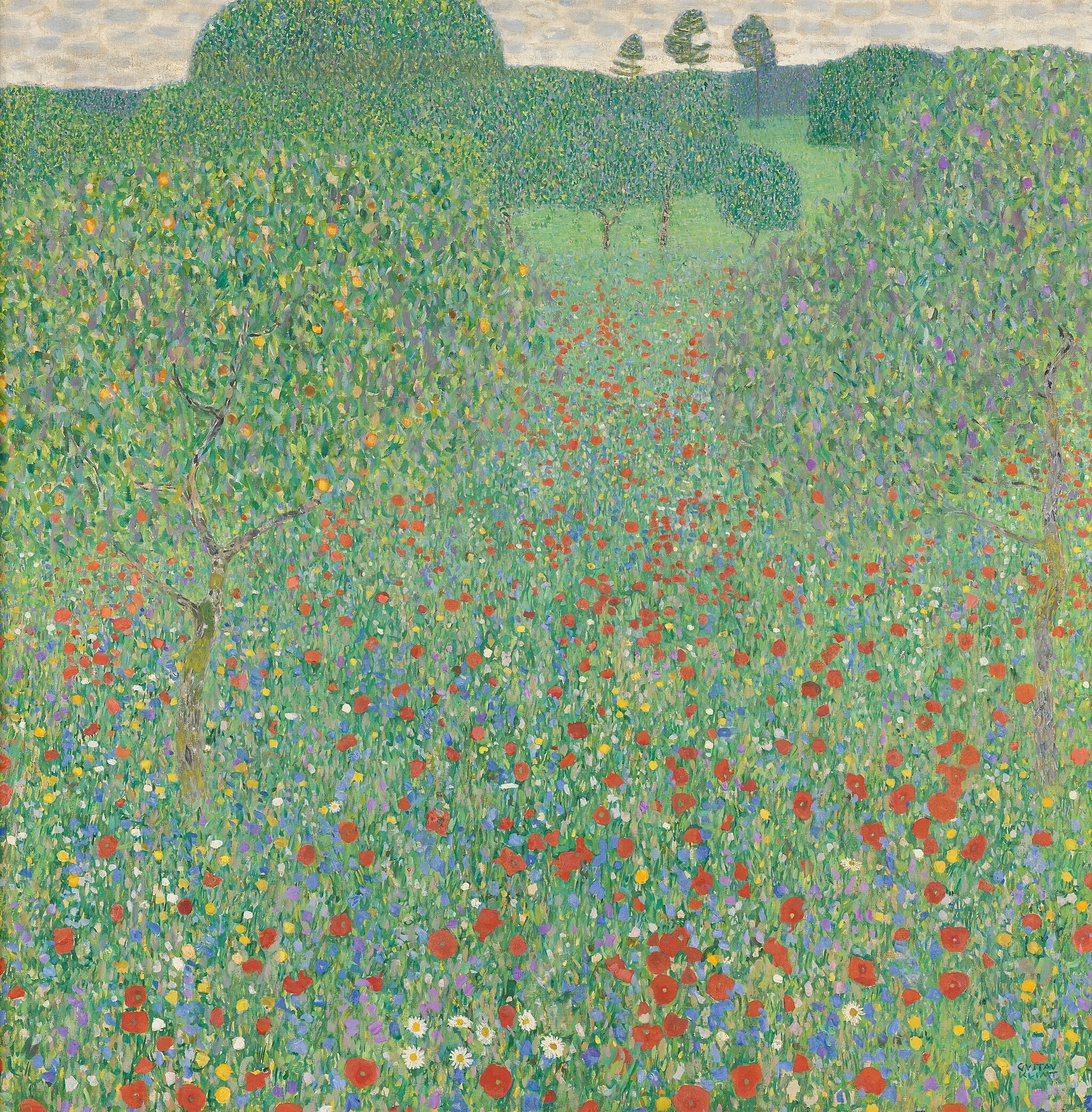 Click numbered symbols to learn about their meaning Flowering Poppies by Gustav Klimt (1907) featuring Red poppies, White daisies, Fruiting apple trees, Pebble-like cloud band