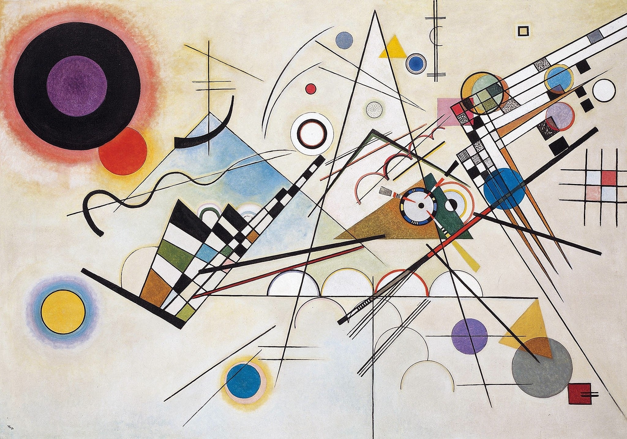 Click numbered symbols to learn about their meaning Composition VIII by Wassily Kandinsky (1923) featuring Brooding black concentric circle, Diagonal vector lines, Checkerboard wedge, Transparent triangular plane