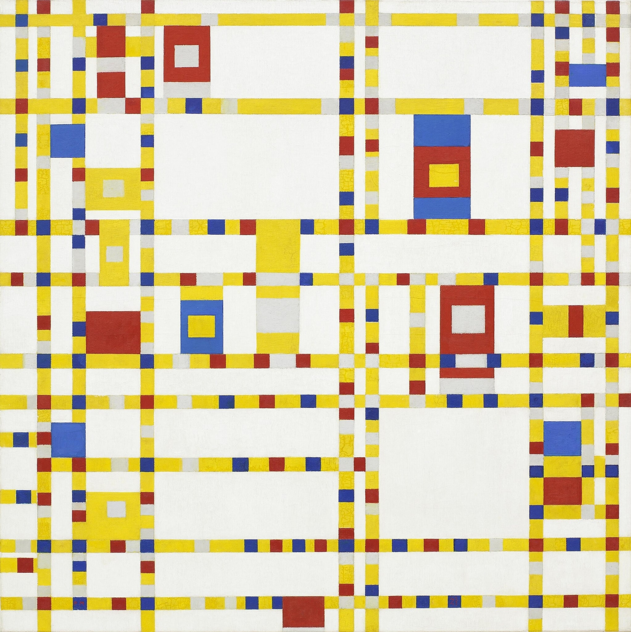 Click numbered symbols to learn about their meaning Broadway Boogie Woogie by Piet Mondrian (1942–1943) featuring Orthogonal grid, Yellow ‘avenues’ (discontinuous bands), Colored dash inserts (red/blue/white within yellow), Large white rectangles (rests/city blocks)