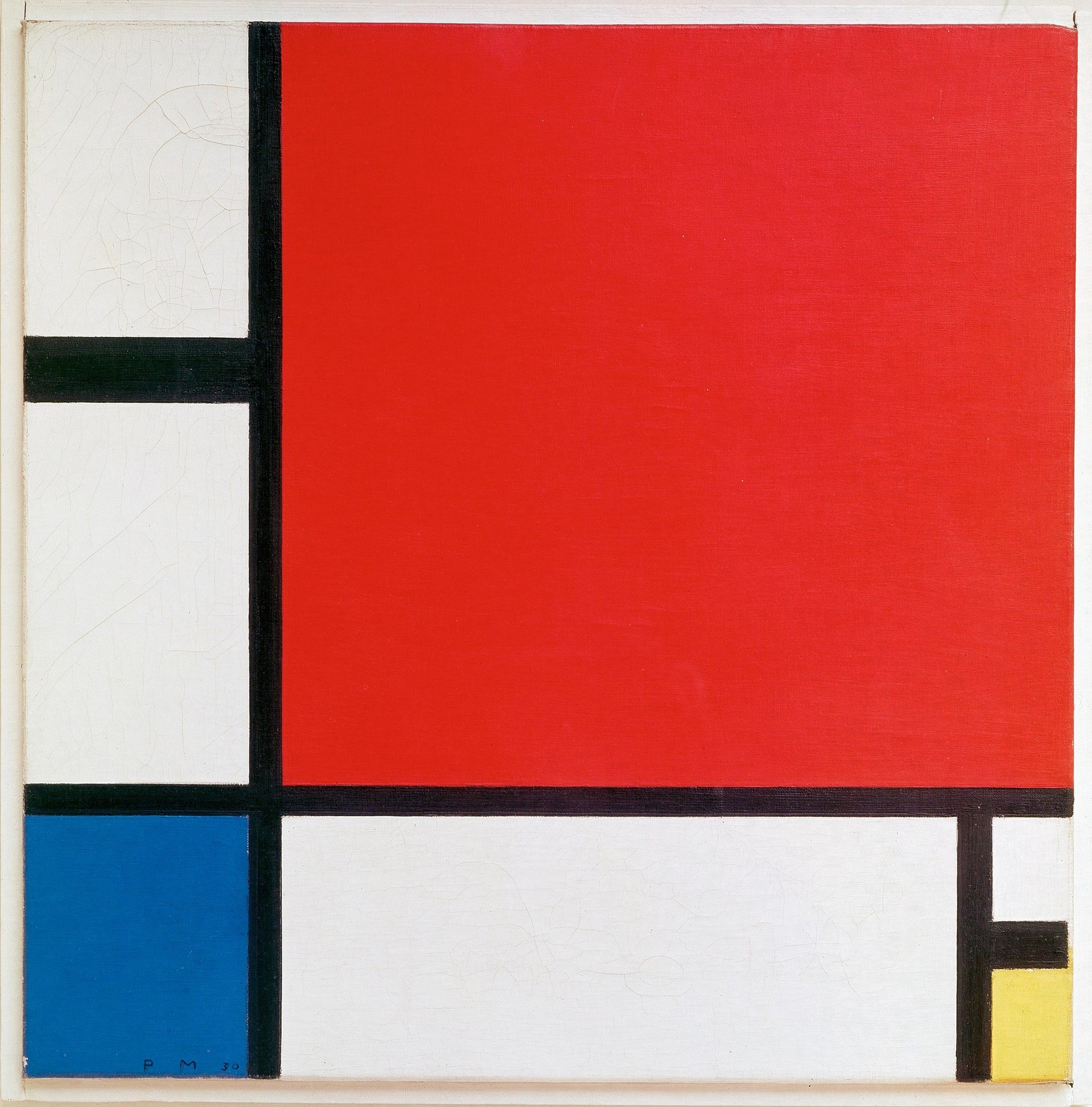 Click numbered symbols to learn about their meaning Composition with Red, Blue and Yellow by Piet Mondrian (1930) featuring Dominant red plane, Blue square counterweight, Yellow accent square, Black vertical and horizontal bars (active planes)