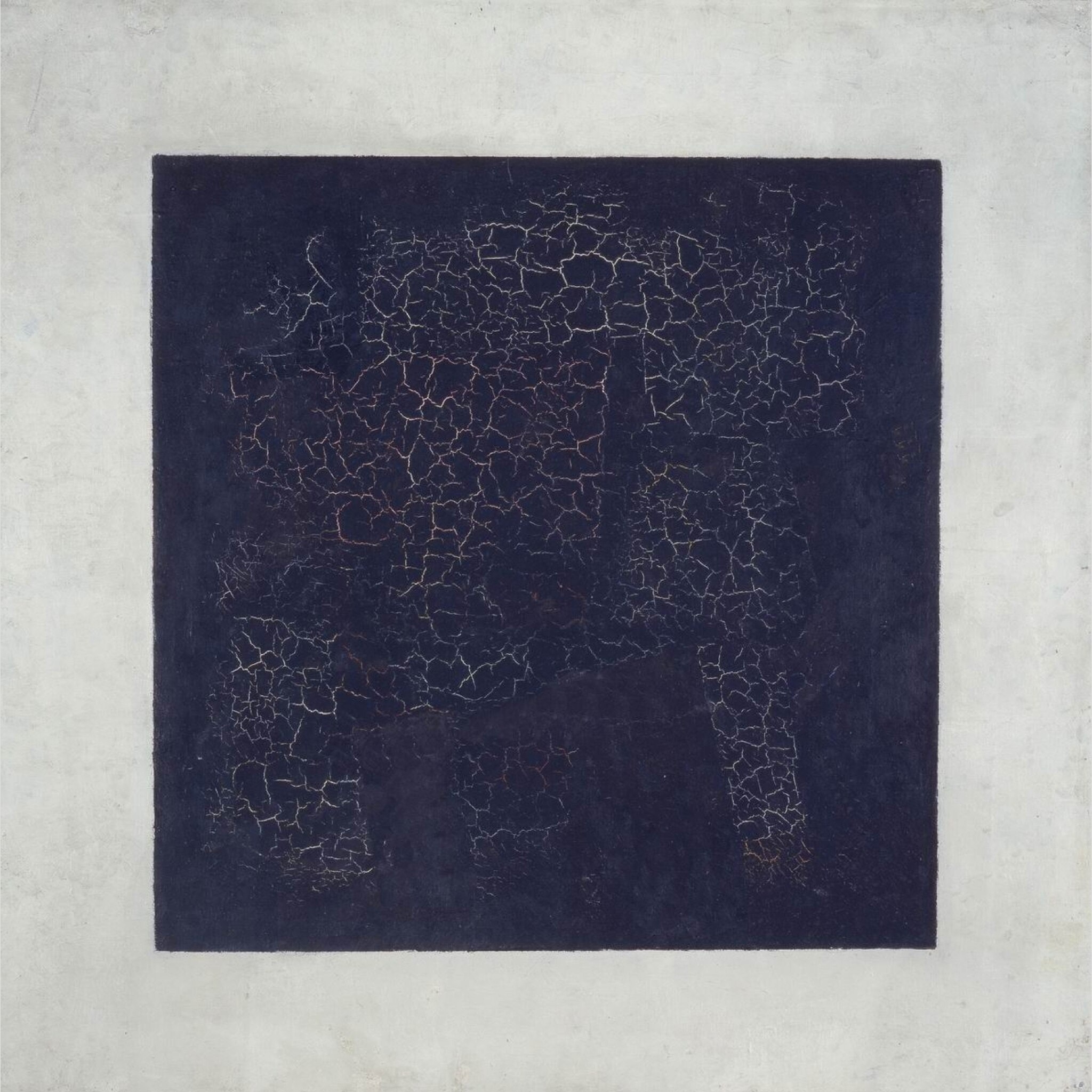 Click numbered symbols to learn about their meaning Black Square by Kazimir Malevich (1915) featuring Central black square, White surround (field), Craquelure network, Handmade, irregular edges