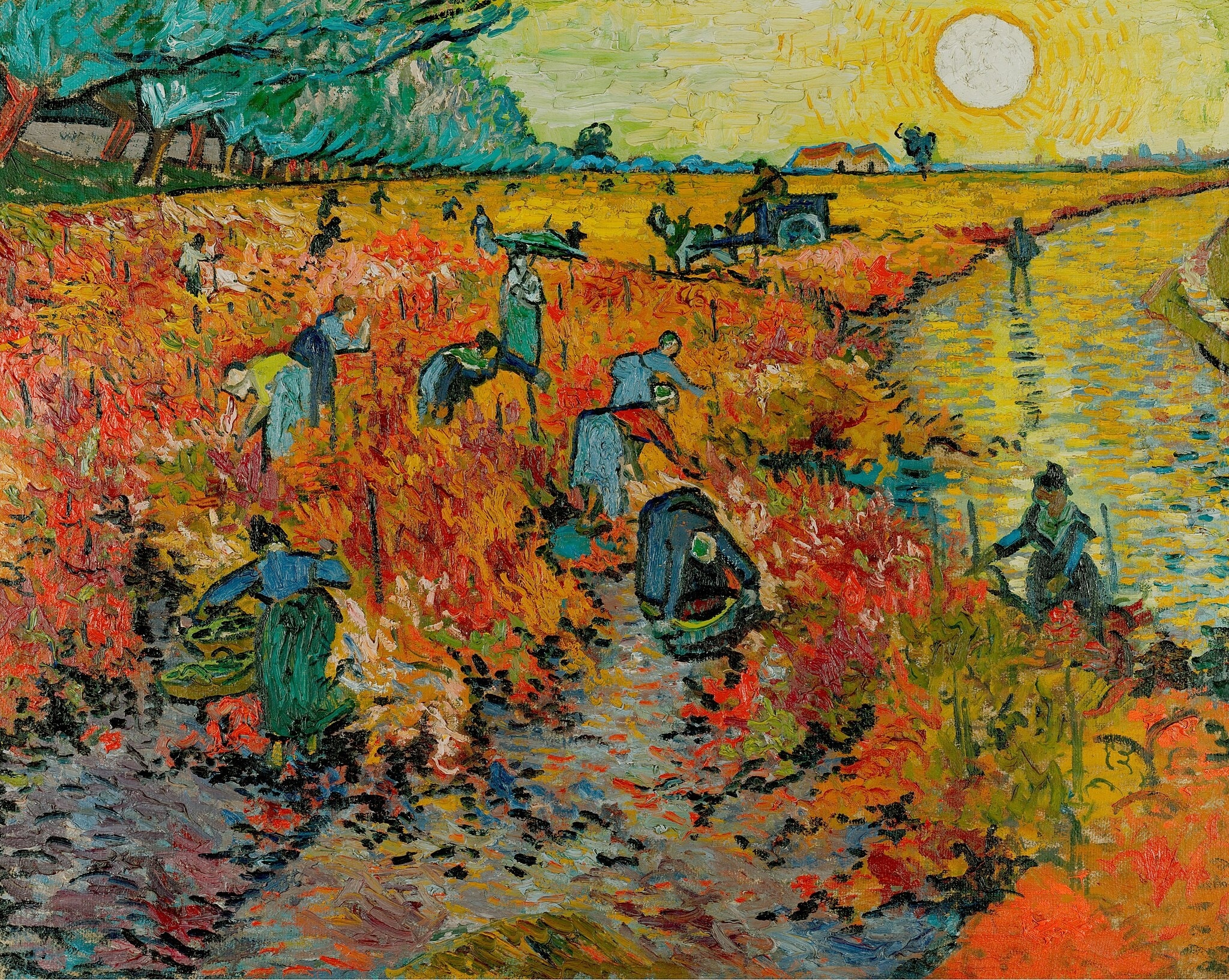 Click numbered symbols to learn about their meaning The Red Vineyard by Vincent van Gogh (1888) featuring Blazing Sun, Red Vineyard, Procession of Harvesters, Wet Road (Yellow Reflection)