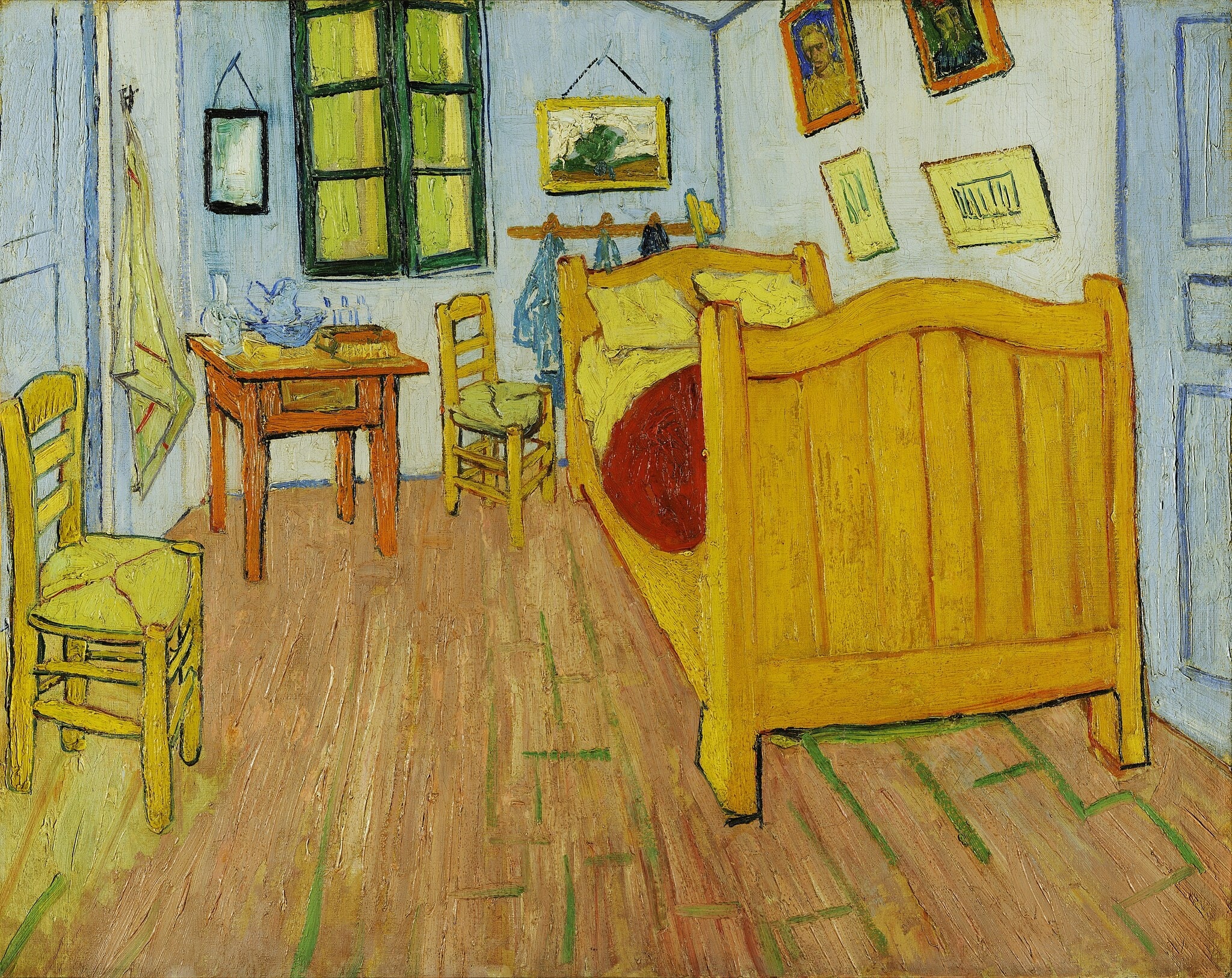 Click numbered symbols to learn about their meaning The Bedroom by Vincent van Gogh (1889) featuring Yellow bed with red pillow, Pair of empty chairs, Closed green‑shuttered window, Askew portraits and pictures