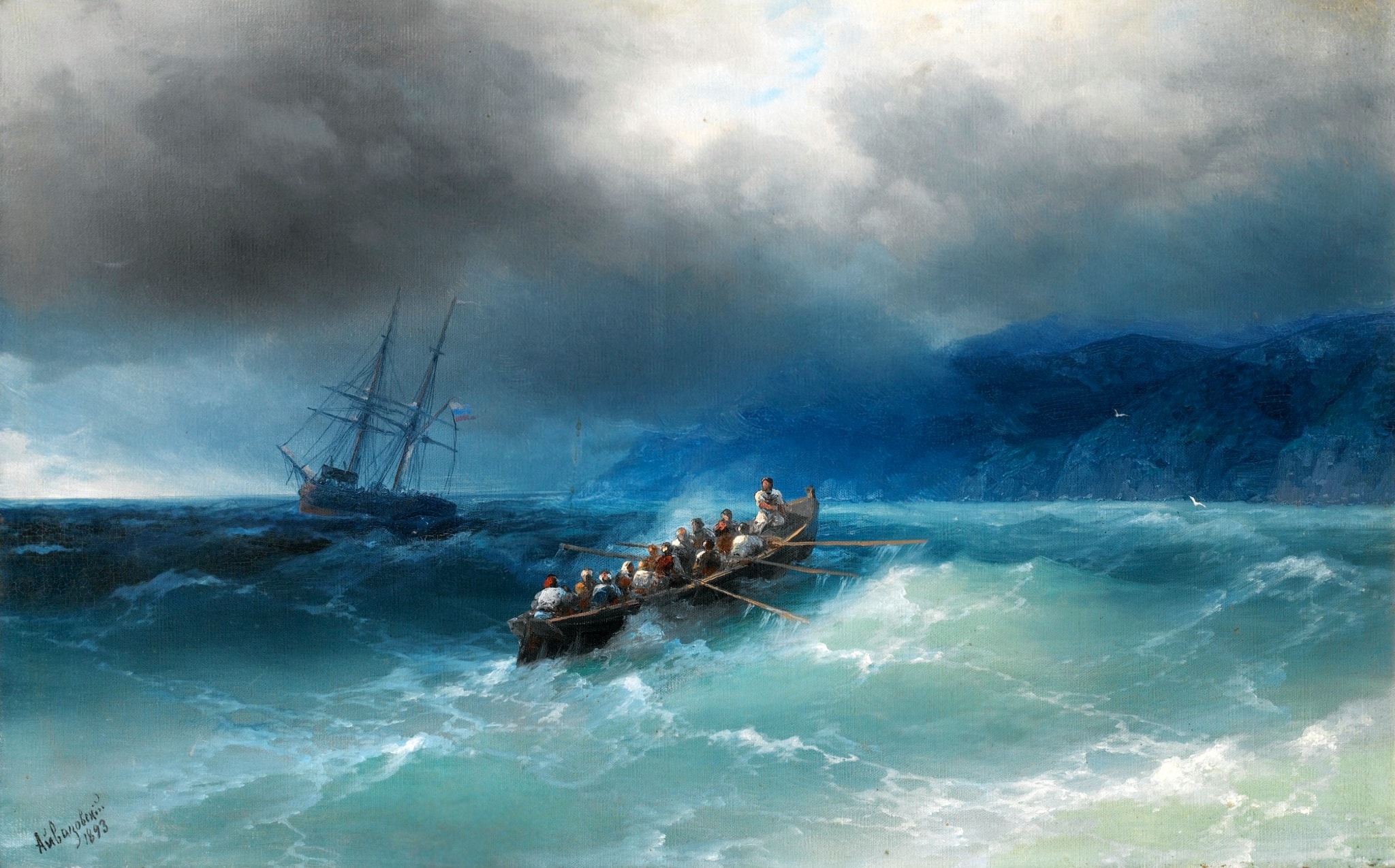 Click numbered symbols to learn about their meaning The Storm (Seascape) by Ivan Aivazovsky (1850) featuring Lifeboat with rowers, Break of light in the clouds, Listing tall-masted ship, Rocky coast (lee shore)
