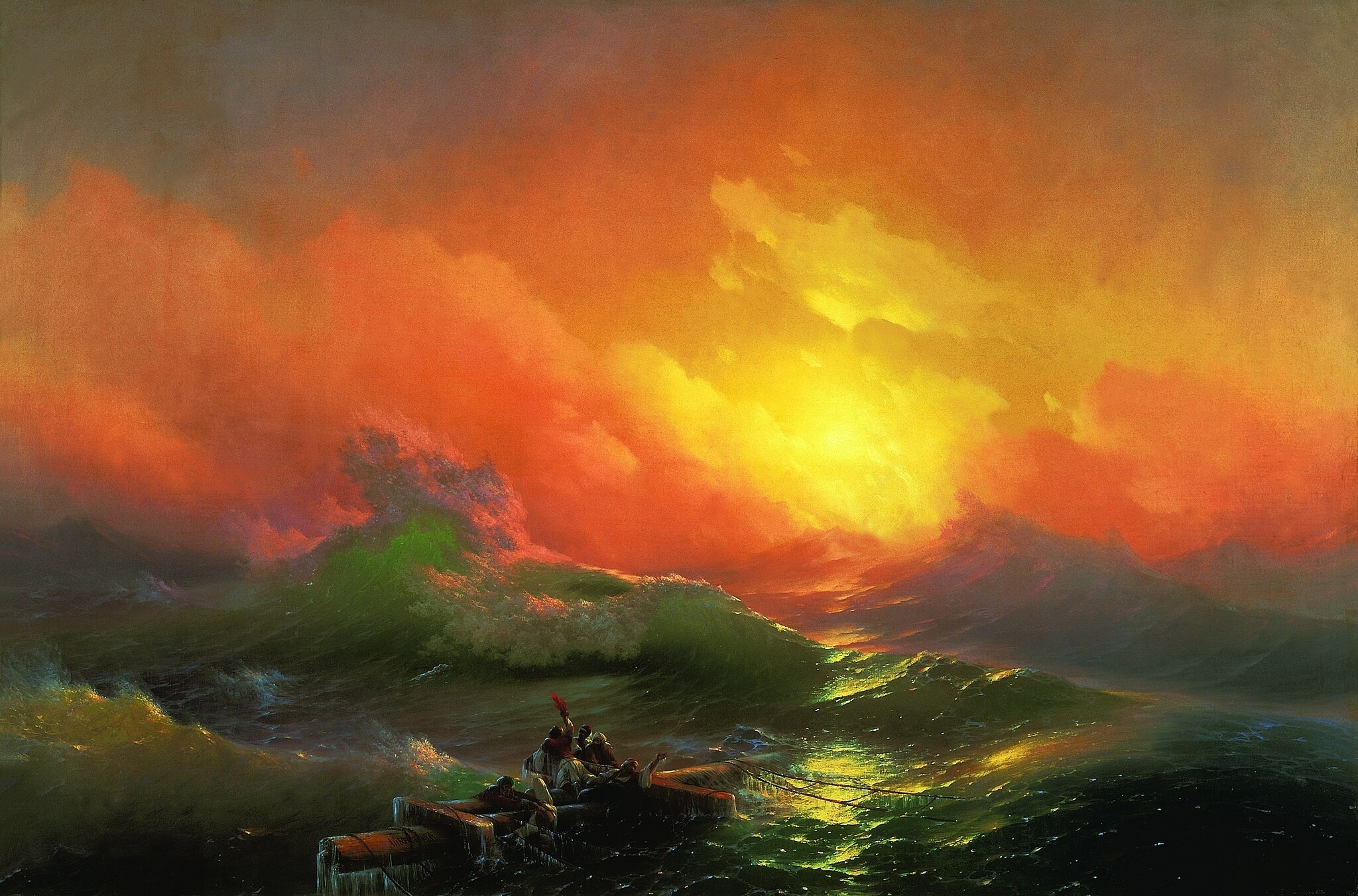 Click numbered symbols to learn about their meaning The Ninth Wave by Ivan Aivazovsky (1850) featuring Cross‑shaped raft, Molten dawn (rising sun), Golden path of light on the water, Emerald, translucent waves (the looming ‘ninth wave’)