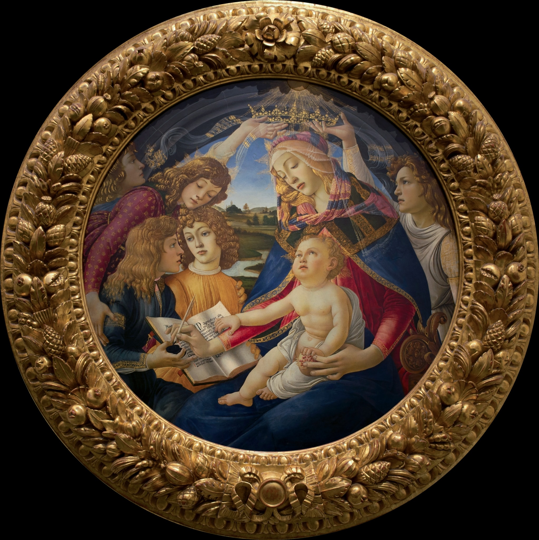 Click numbered symbols to learn about their meaning Madonna of the Magnificat by Sandro Botticelli (c. 1483) featuring Crown of Mary, Descending Rays of Light, Pomegranate, Book, Quill, and Inkwell (the Magnificat)