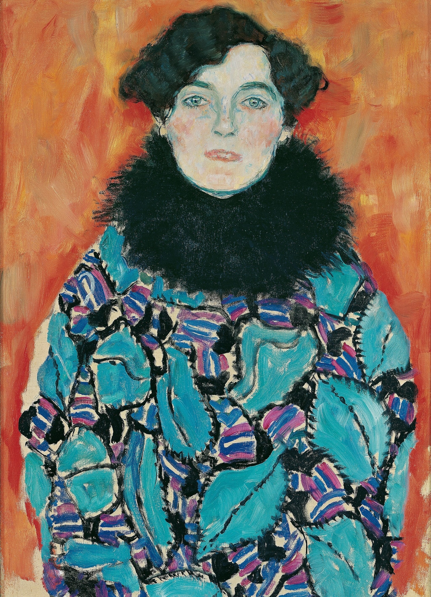 Click numbered symbols to learn about their meaning Johanna Staude by Gustav Klimt (1917/1918) featuring Black feather collar (modern ruff/halo), Incandescent orange ground, Wiener Werkstätte blouse with leaf-and-stripe pattern, Unfinished mouth (non finito)