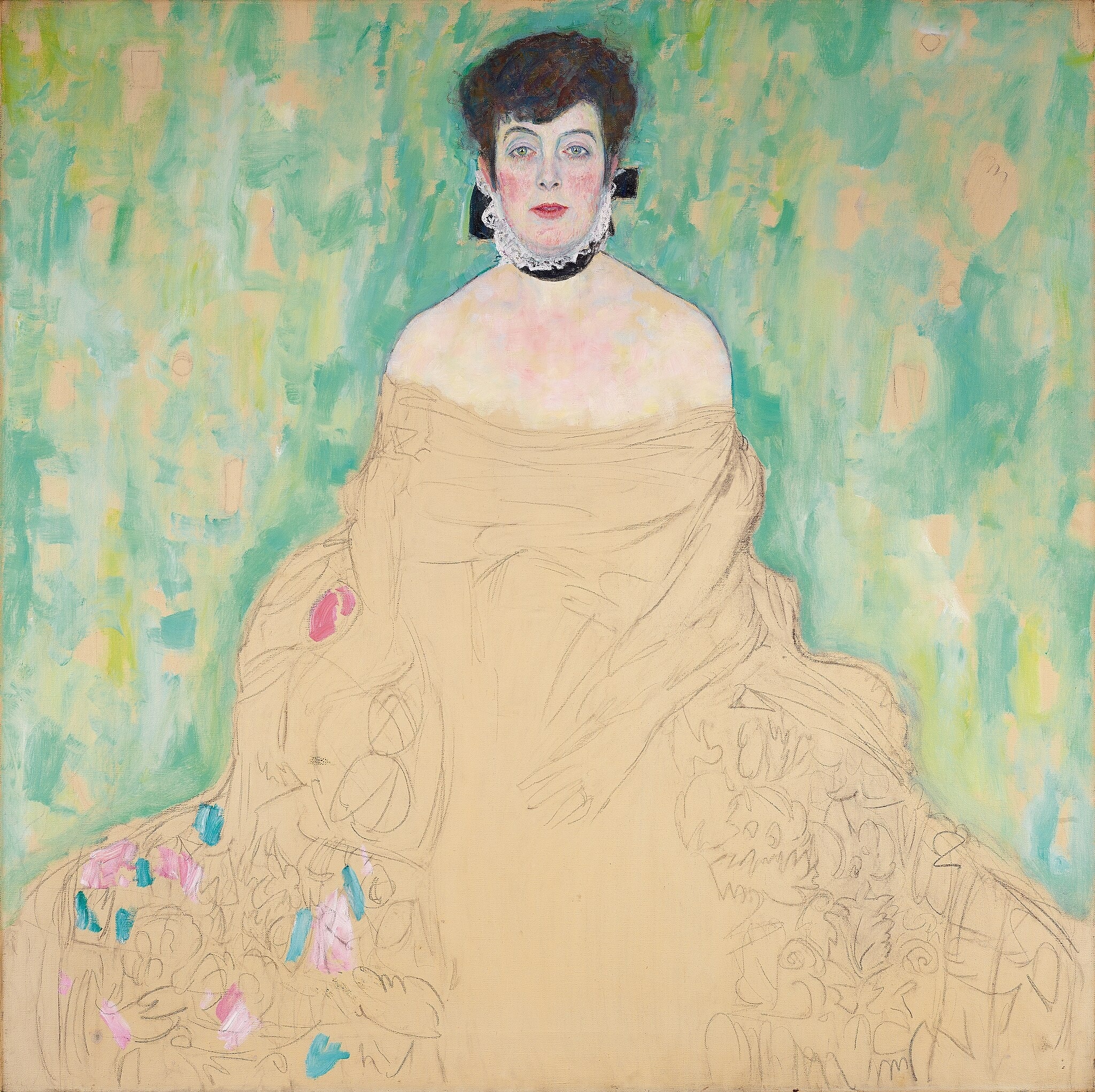 Click numbered symbols to learn about their meaning Amalie Zuckerkandl by Gustav Klimt (1917–1918) featuring Black choker ribbon, White lace ruff/collar, Unfinished gown (graphite and washes), Mottled green background