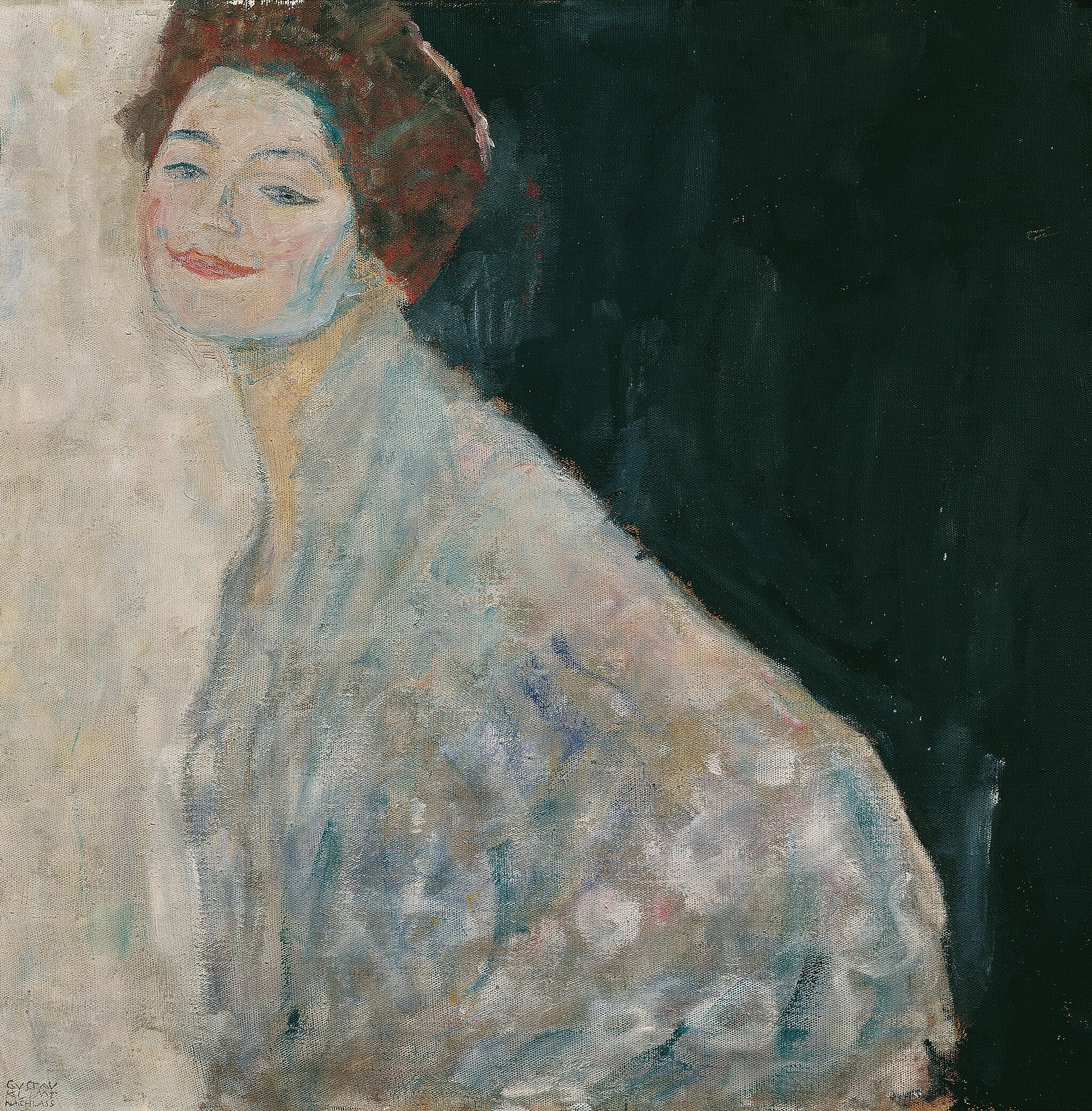 Click numbered symbols to learn about their meaning Lady in White by Gustav Klimt (1917–1918) featuring Light–dark threshold (diagonal seam), Iridescent white robe, Mask-like smile, Head tilted toward light