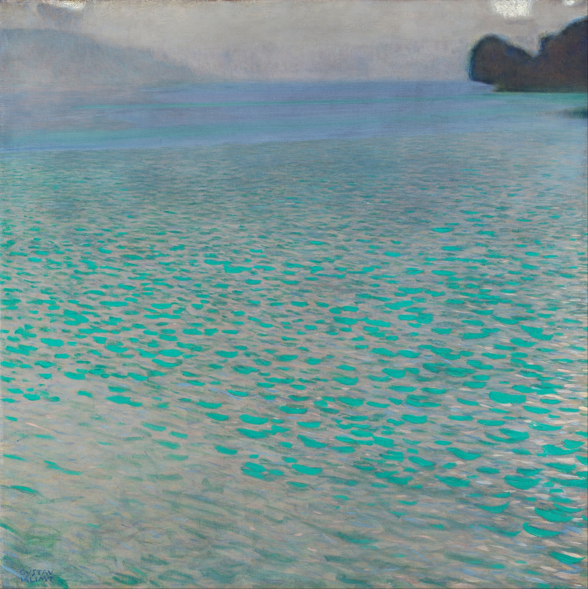 Click numbered symbols to learn about their meaning On Lake Attersee by Gustav Klimt (1900) featuring Turquoise oval ripples (mosaic strokes), Gray‑violet undercurrent, Horizon bands, Veil of mist