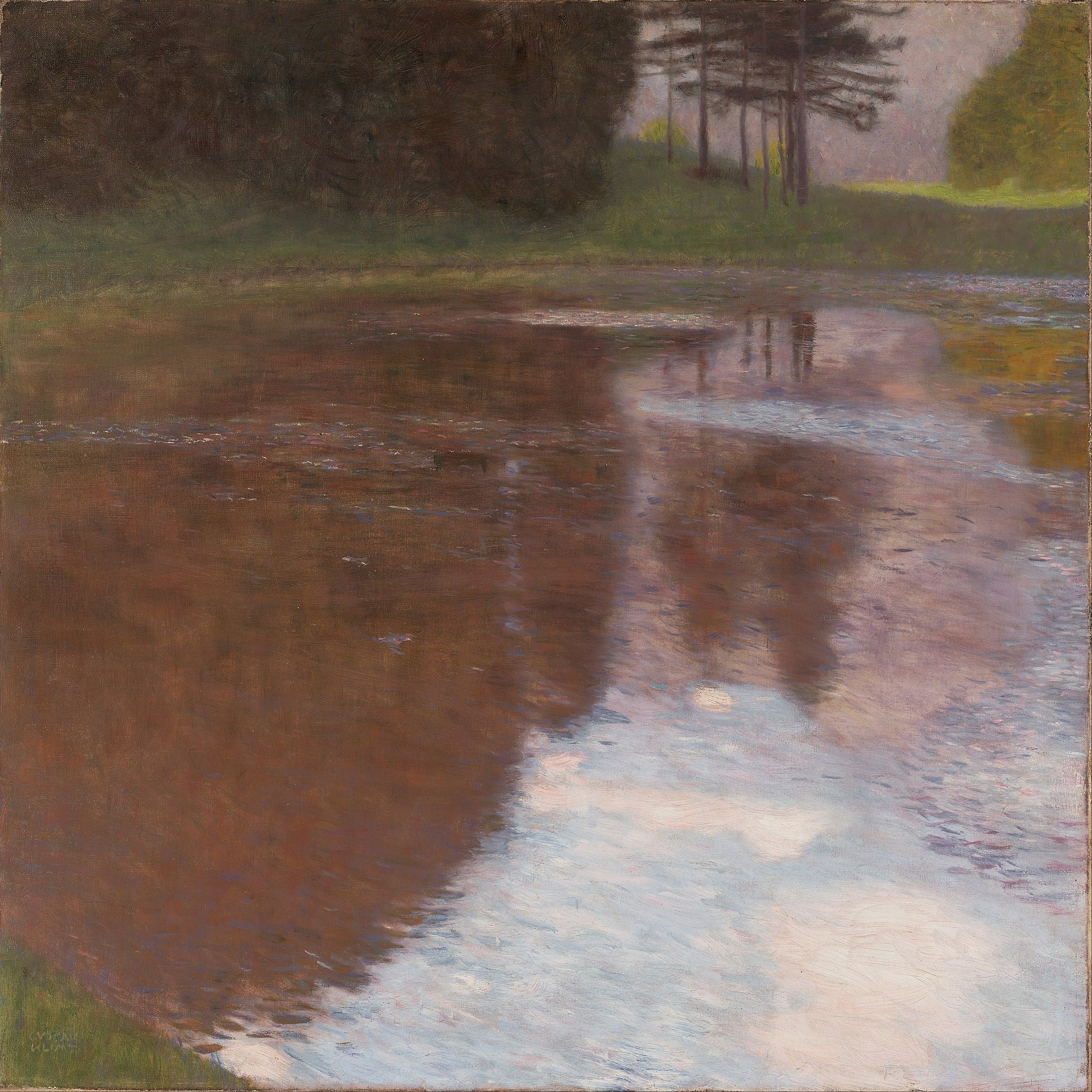 Click numbered symbols to learn about their meaning A Morning by the Pond by Gustav Klimt (1899) featuring Mirror-like water surface (reflection), Diagonal wedge of borrowed light, Luminous disc, Ghosted vertical pines (doubled forms)