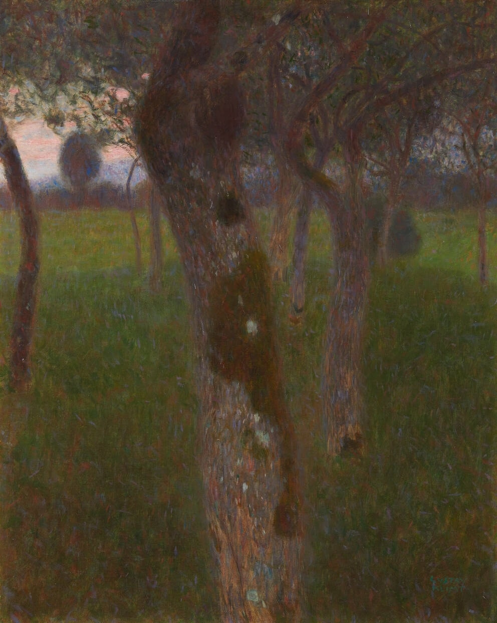 Click numbered symbols to learn about their meaning Orchard in the Evening by Gustav Klimt (1898) featuring Central trunk (vertical axis), Flanking trunks as screen, Twilight ribbon at the horizon, Dark, continuous canopy